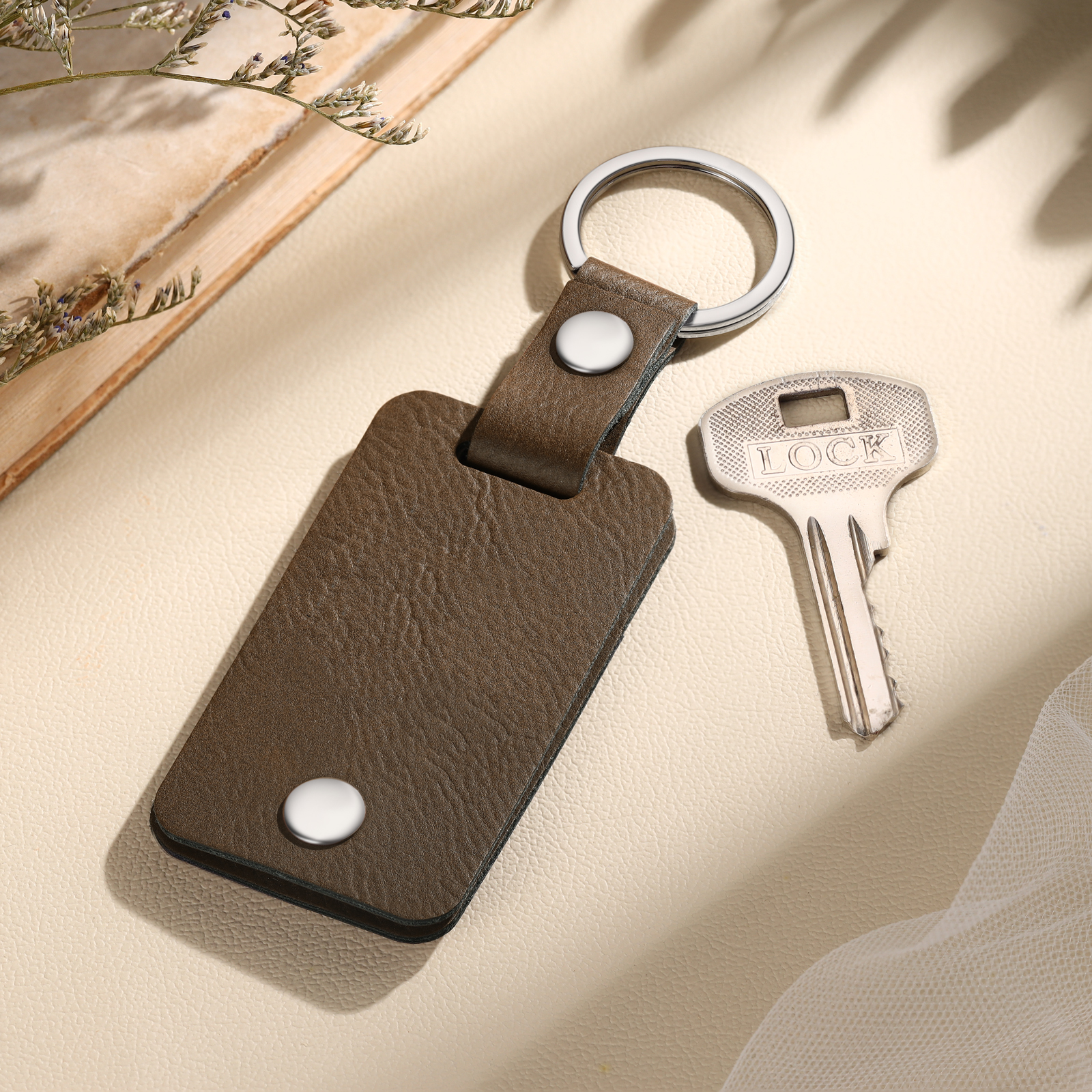 Personalized Leather Keychain Custom 2 Photos & 2 Texts Keyring Brown Gifts for Couple