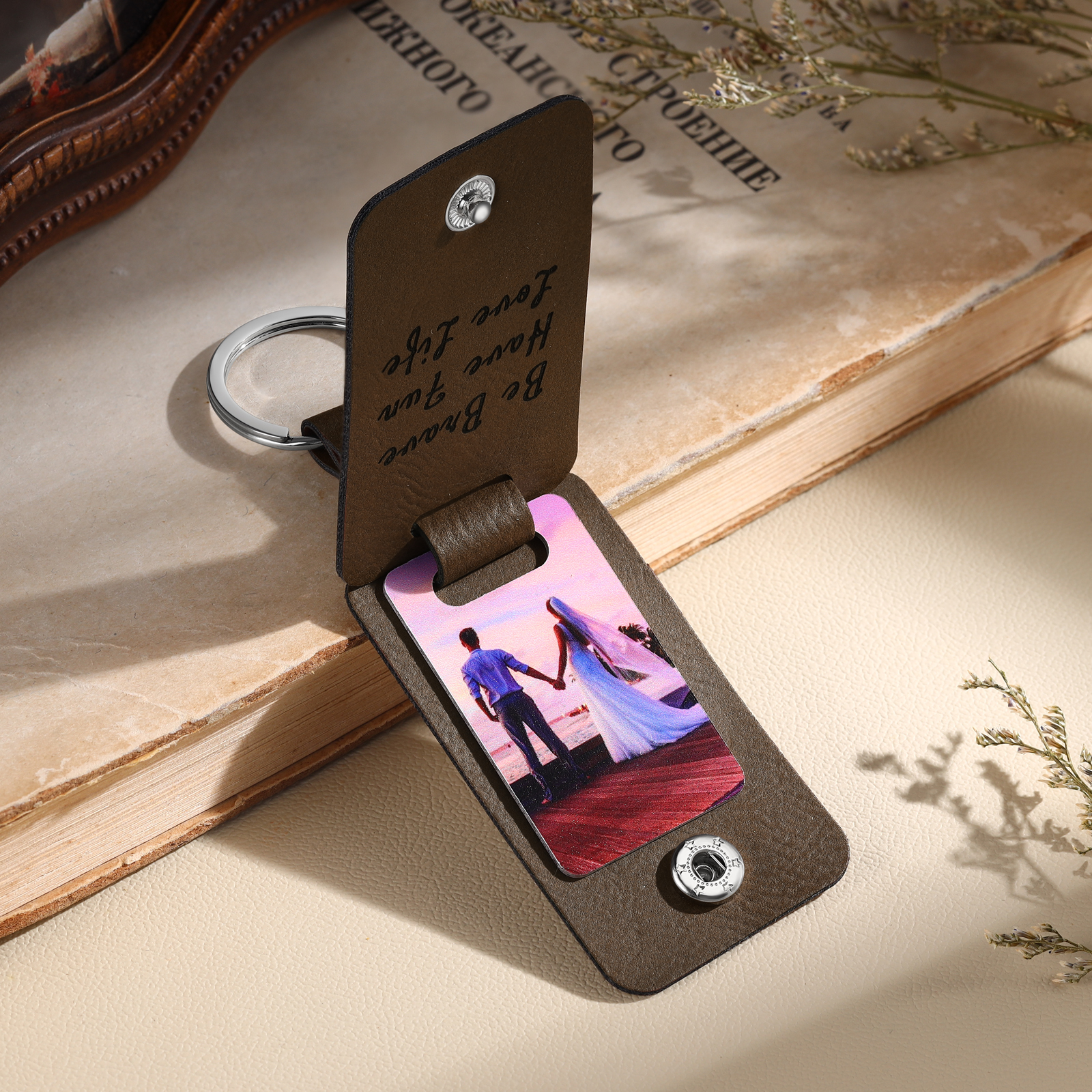 Personalized Leather Keychain Custom 2 Photos & 2 Texts Keyring Brown Gifts for Couple