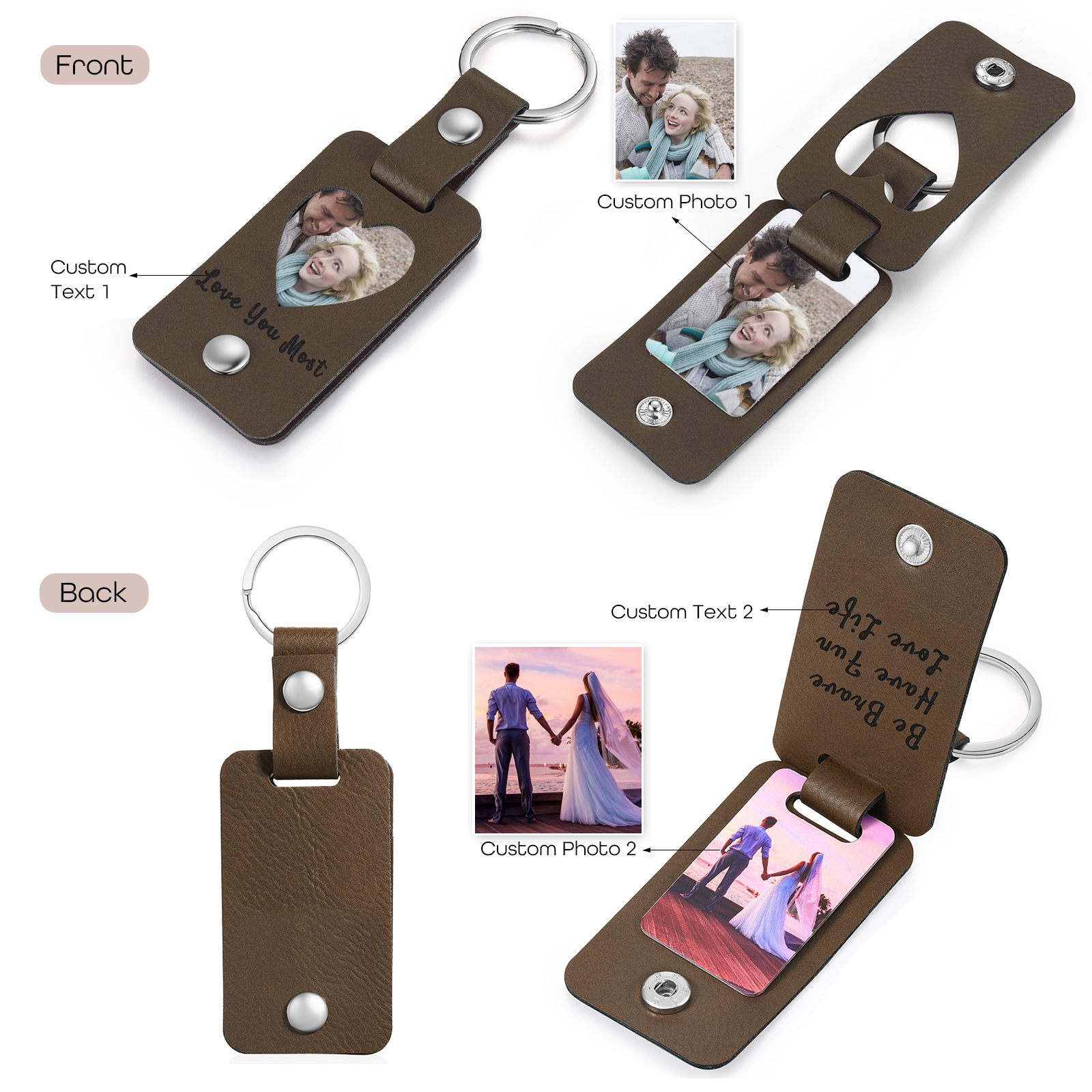 Personalized Leather Keychain Custom 2 Photos & 2 Texts Keyring Brown Gifts for Couple