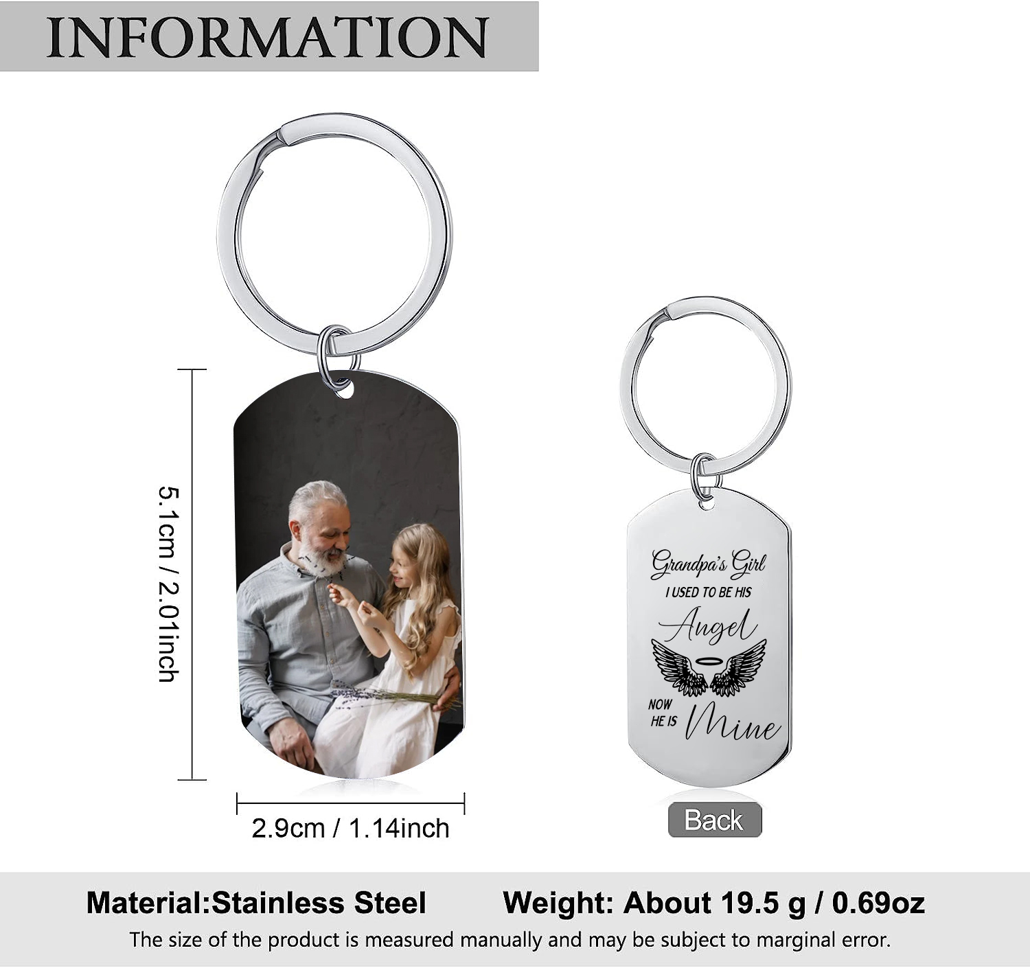 Personalized Memorial Keychain Custom Photo & Text Keyring Gifts for Him/Her - I Used To Be His Angel Now He Is Mine