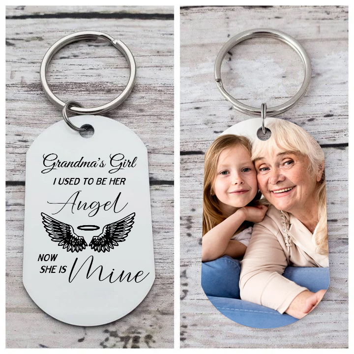 Personalized Memorial Keychain Custom Photo & Text Keyring Gifts for Him/Her - I Used To Be His Angel Now He Is Mine