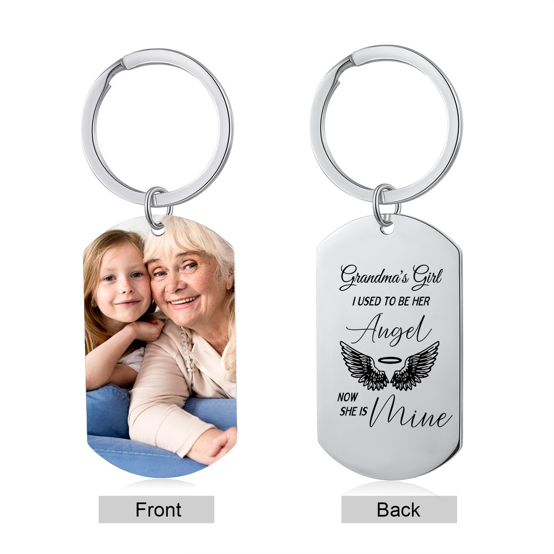 Personalized Memorial Keychain Custom Photo & Text Keyring Gifts for Him/Her - I Used To Be His Angel Now He Is Mine