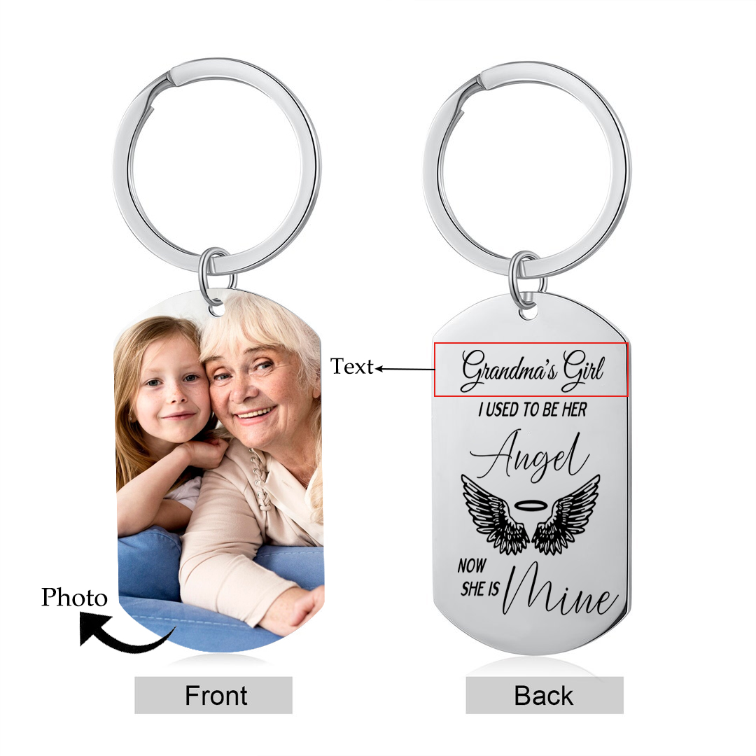 Personalized Memorial Keychain Custom Photo & Text Keyring Gifts for Him/Her - I Used To Be His Angel Now He Is Mine