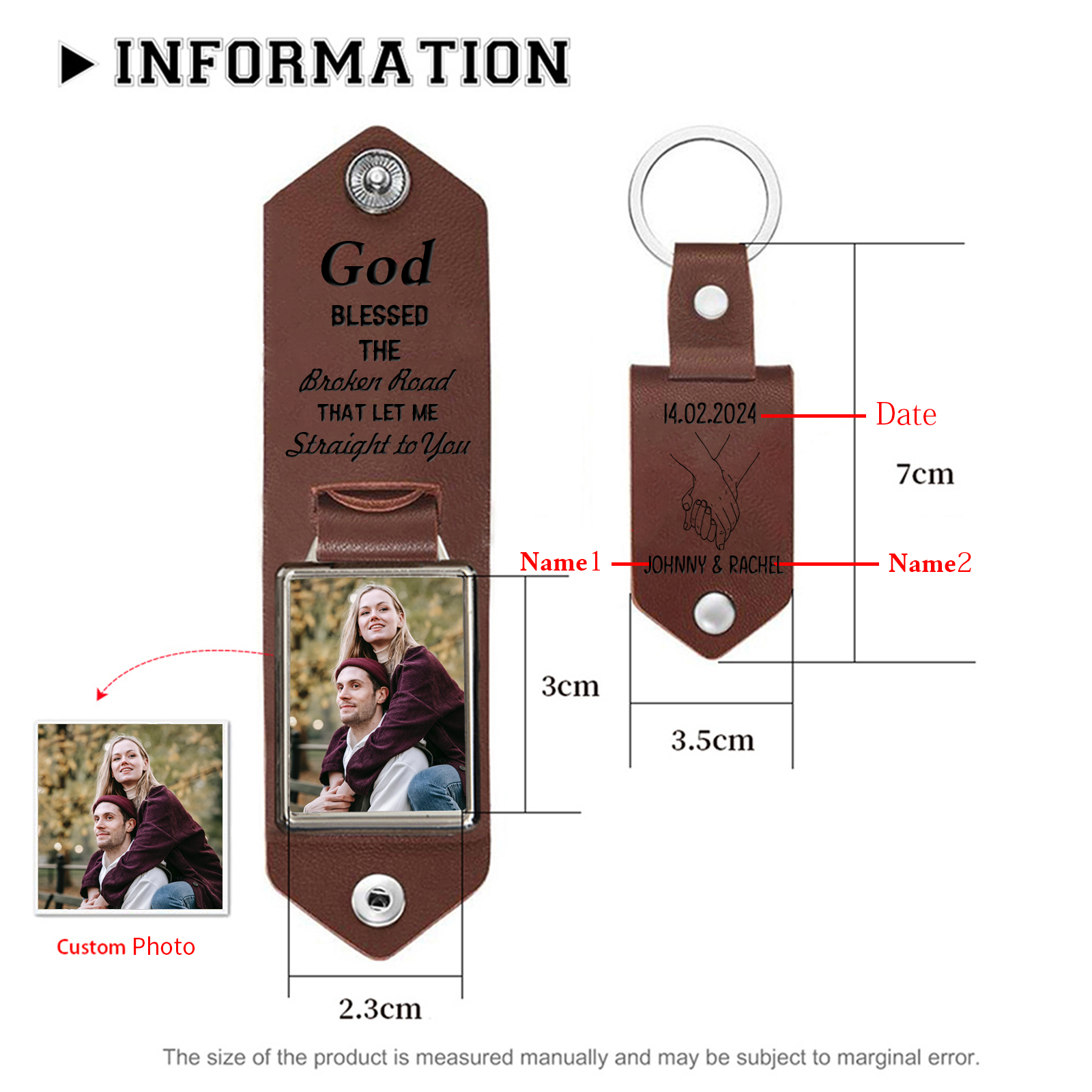 Personalized Couple Leather Keychain God Bless The Broken Road Custom with Photo 2 Names Keychain Gifts for Lover