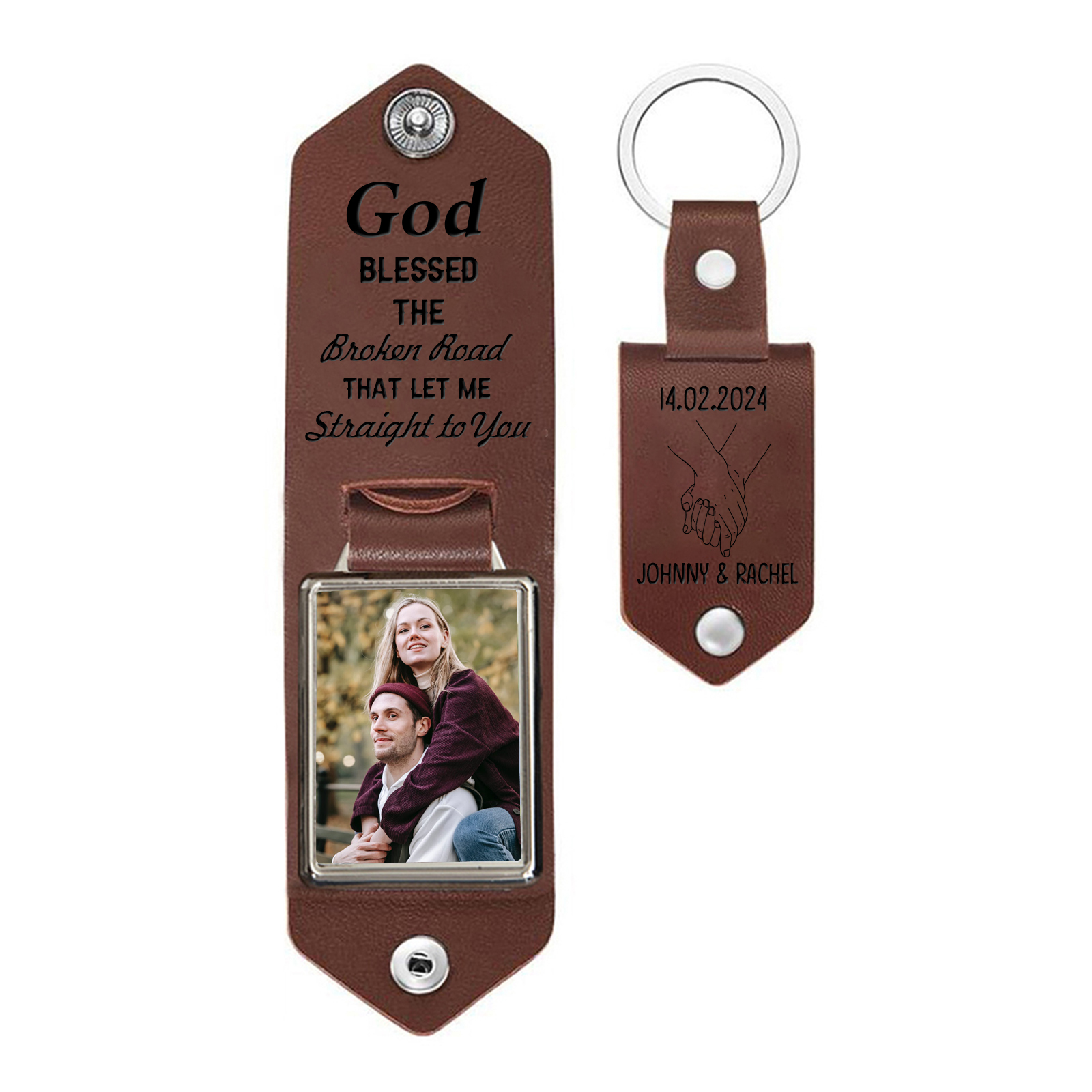 Personalized Couple Leather Keychain God Bless The Broken Road Custom with Photo 2 Names Keychain Gifts for Lover