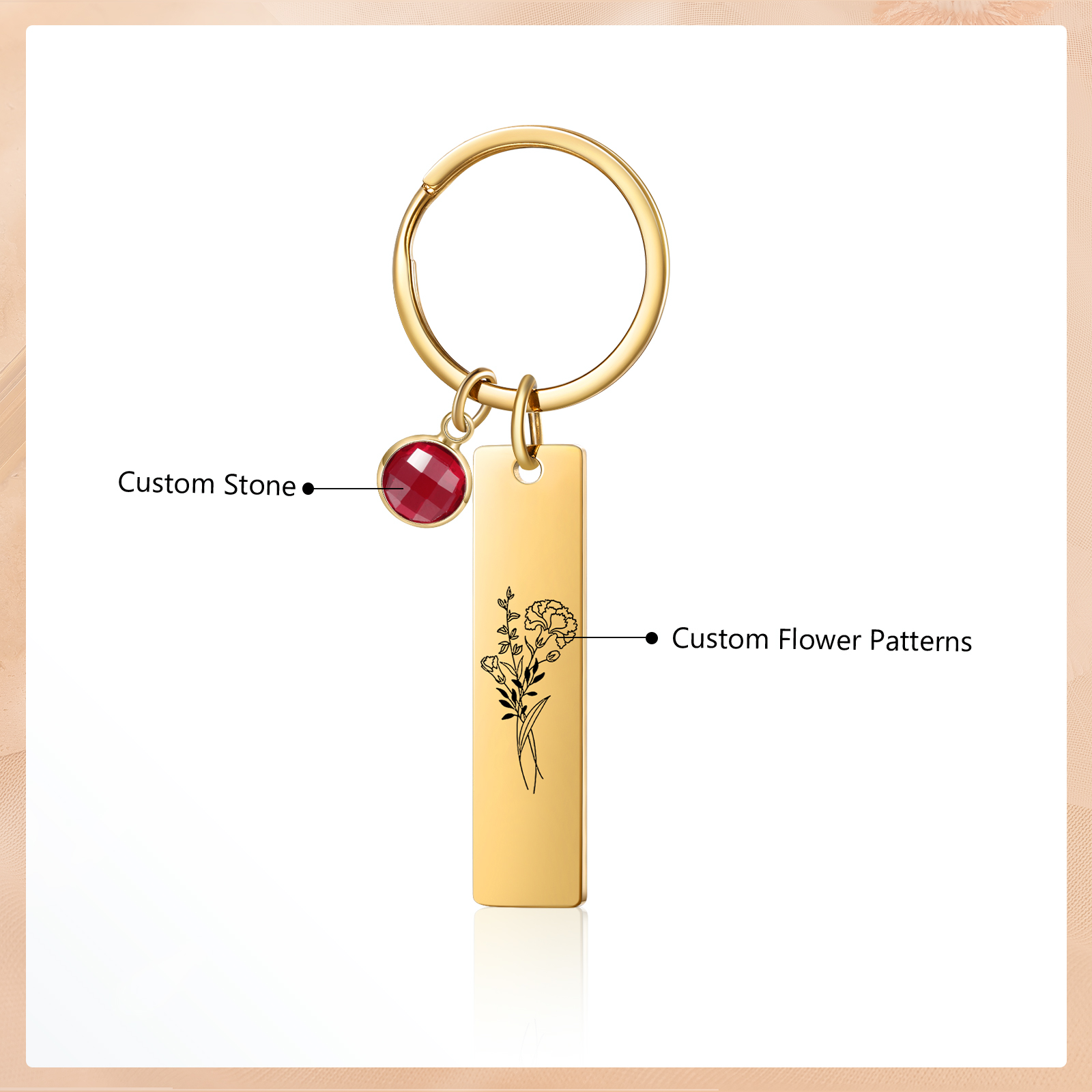 Personalized Keychain with 1 Birthstone & 1 Birth Flower Perfect Gift for Friends & Christmas