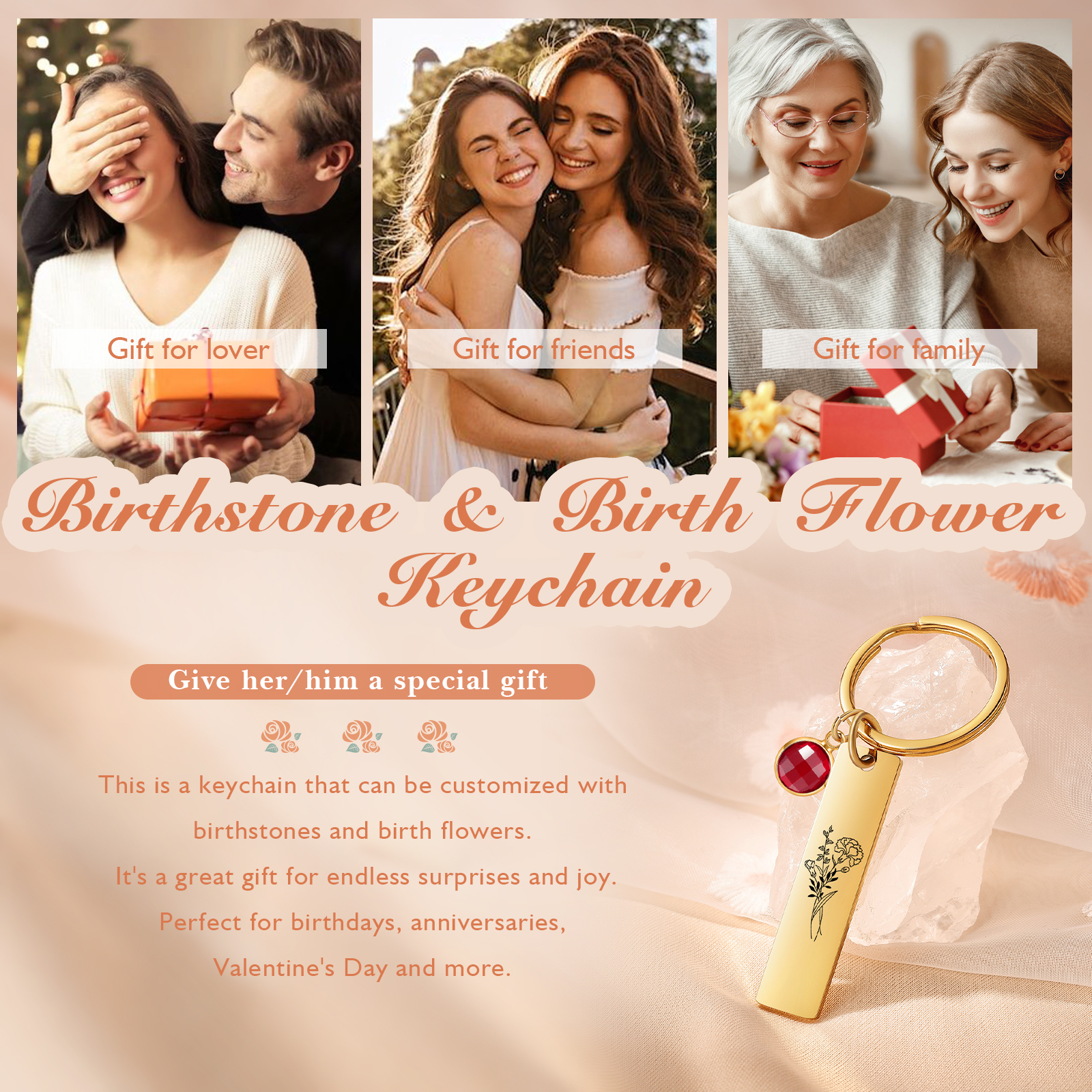 Personalized Keychain with 1 Birthstone & 1 Birth Flower Perfect Gift for Friends & Christmas