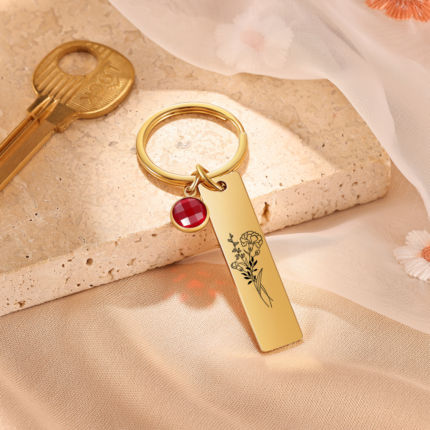 Personalized Keychain with 1 Birthstone & 1 Birth Flower Perfect Gift for Friends & Christmas