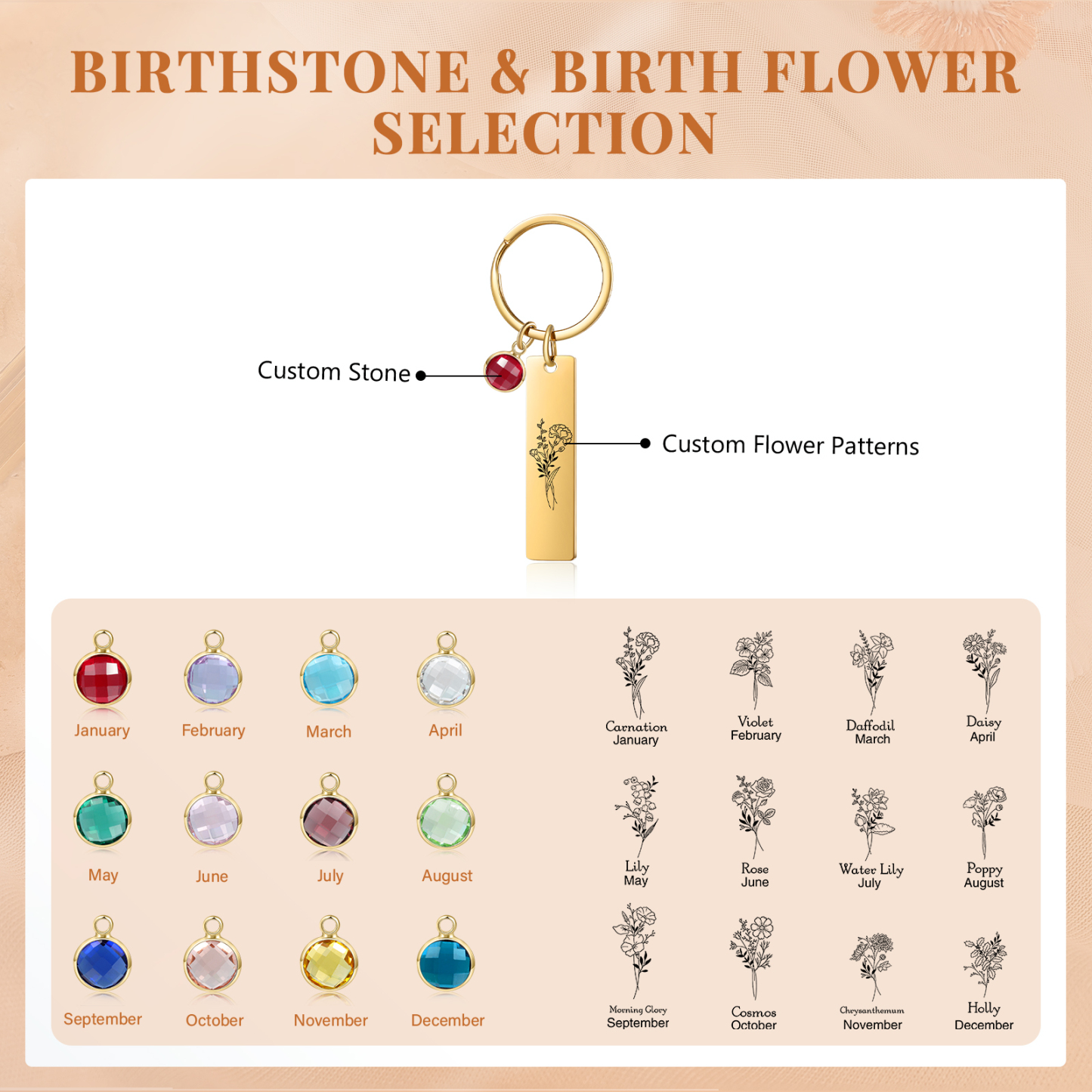 Personalized Keychain with 1 Birthstone & 1 Birth Flower Perfect Gift for Friends & Christmas