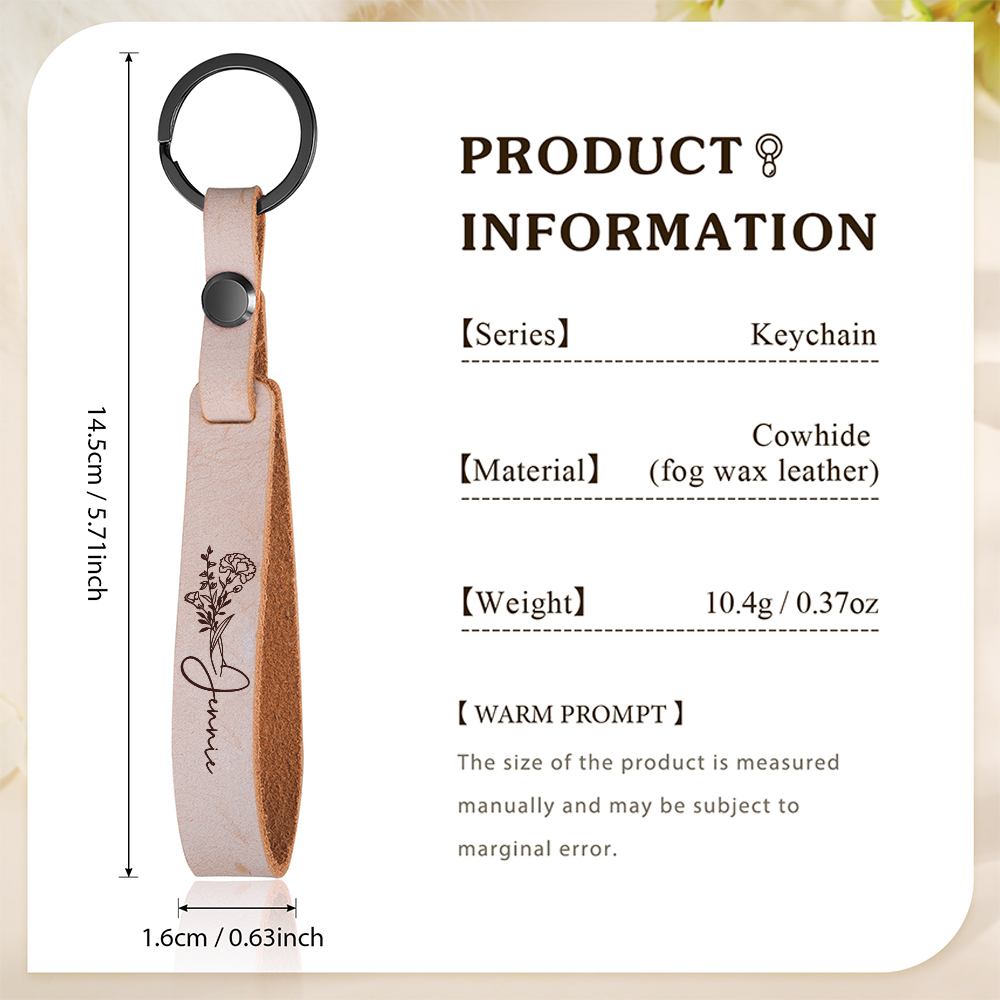 Personalized Birth Flower Keychain Custom Name Keyring Leather Birthday Gifts for Her