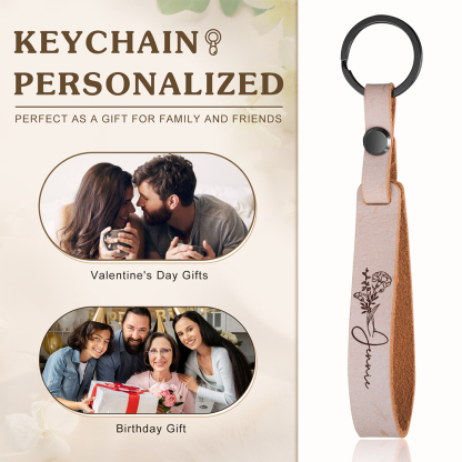 Personalized Birth Flower Keychain Custom Name Keyring Leather Birthday Gifts for Her