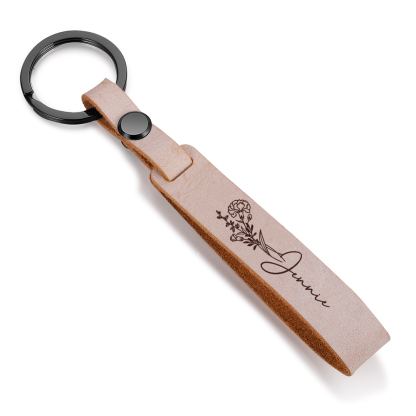 Personalized Birth Flower Keychain Custom Name Keyring Leather Birthday Gifts for Her