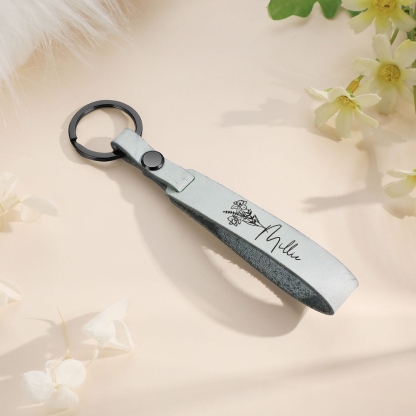 Personalized Birth Flower Keychain Custom Name Keyring Leather Birthday Gifts for Her