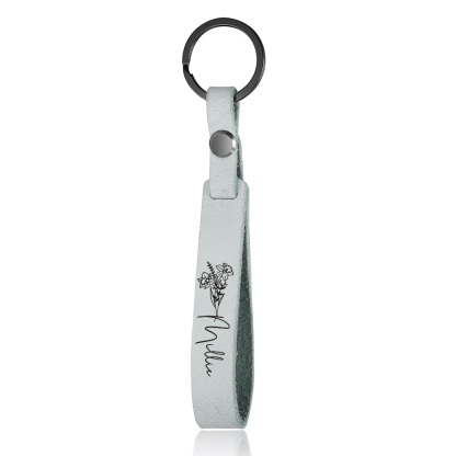 Personalized Birth Flower Keychain Custom Name Keyring Leather Birthday Gifts for Her