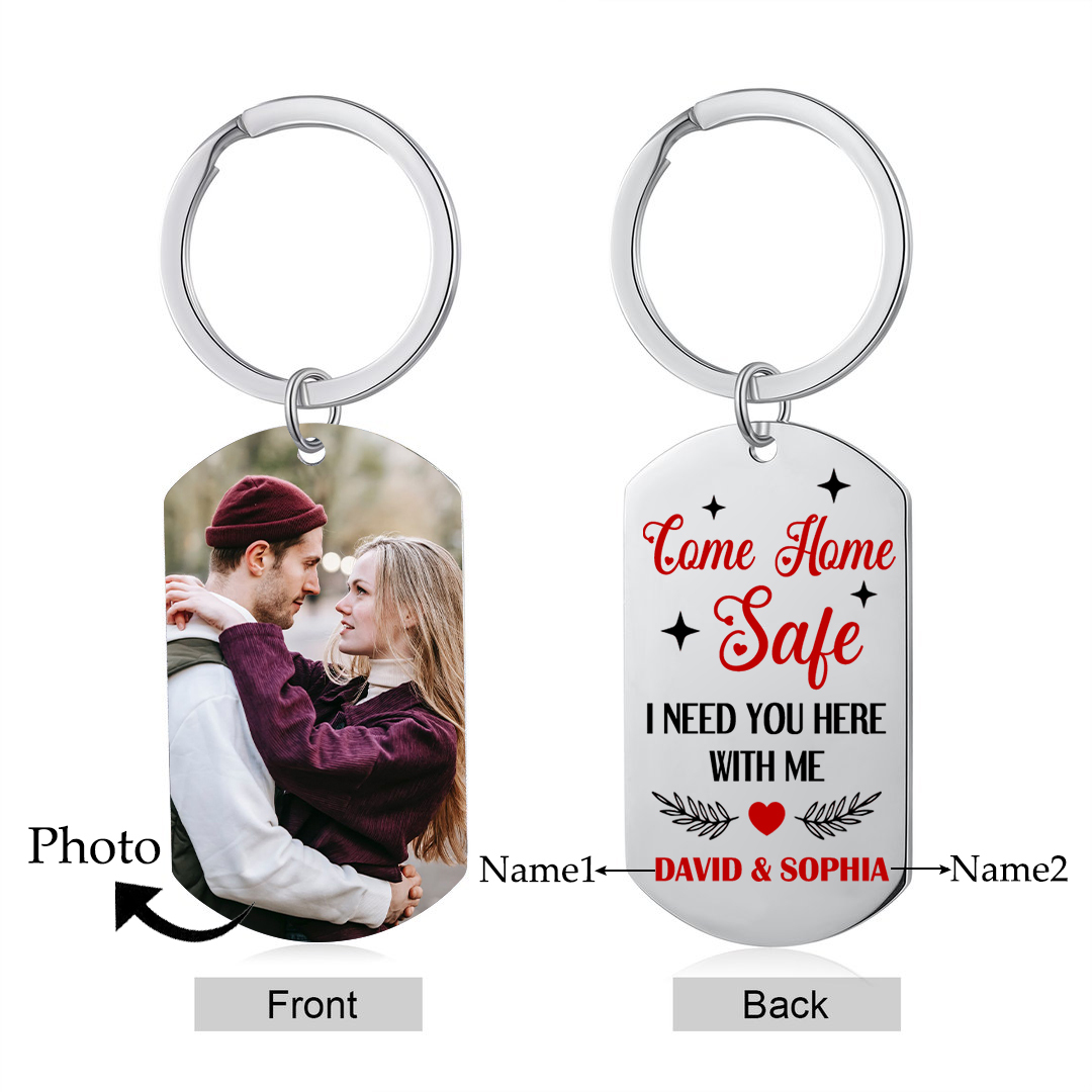 Personalized Come Home Safe Keychain with 2 Names & Photo A Meaningful Gift for Couples