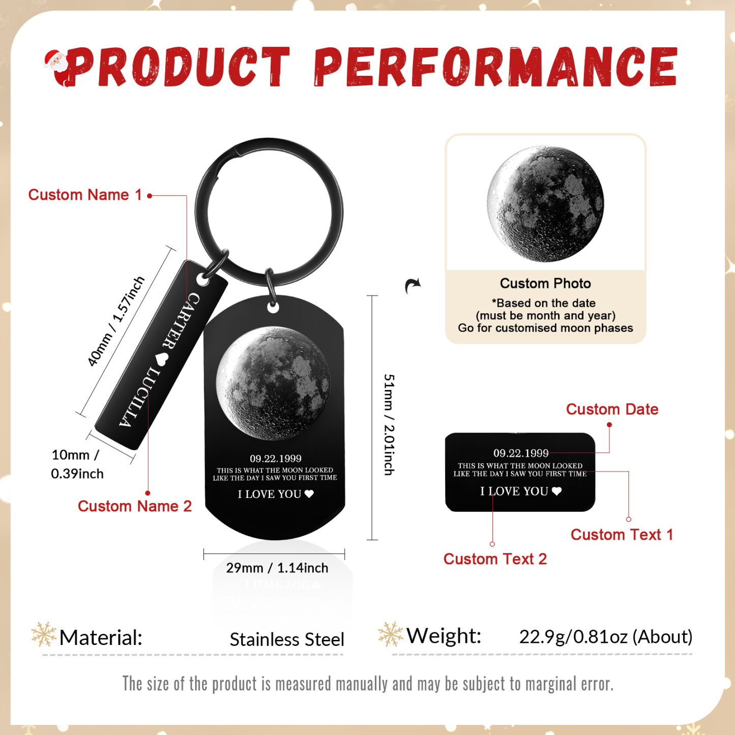 Personalized 2 Names and 2 Texts Keyring The Day You Were Born Custom Moon Phase Keychain Gift for Couple