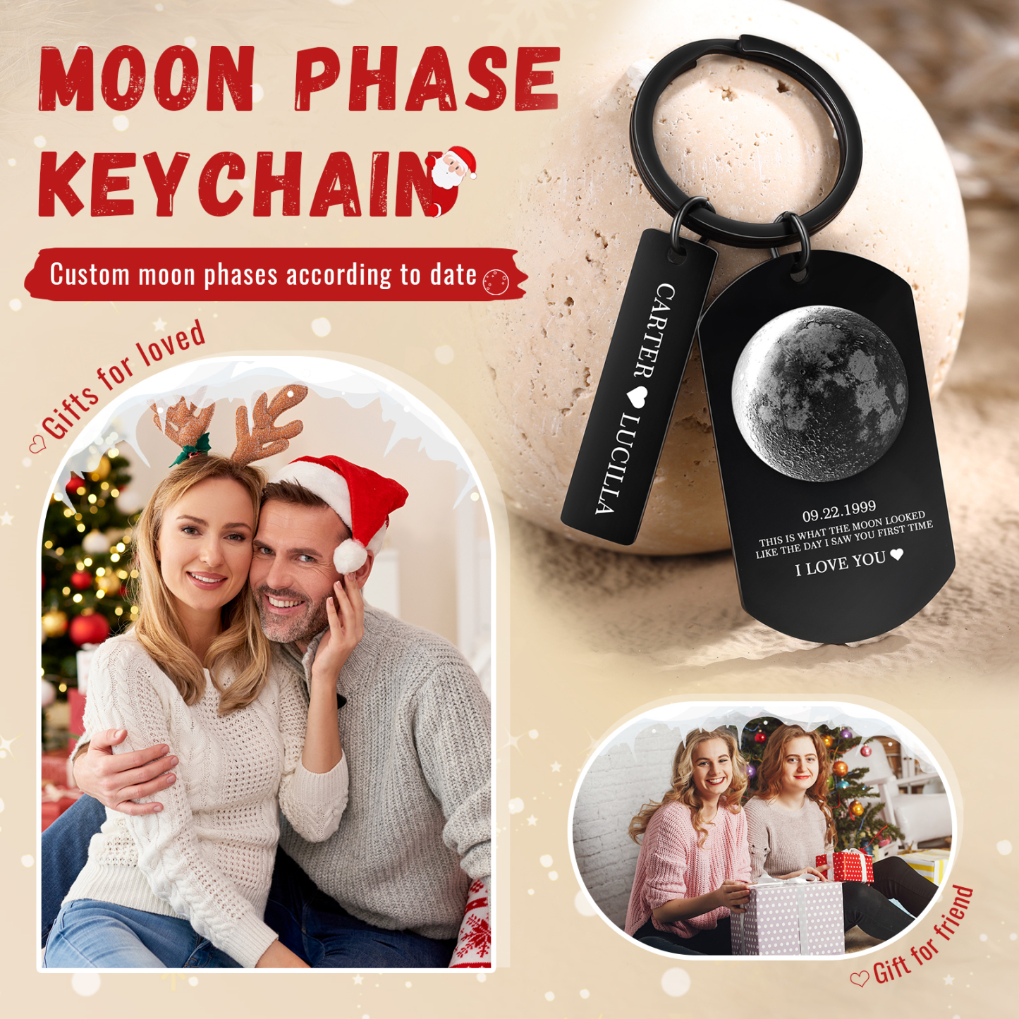 Personalized 2 Names and 2 Texts Keyring The Day You Were Born Custom Moon Phase Keychain Gift for Couple