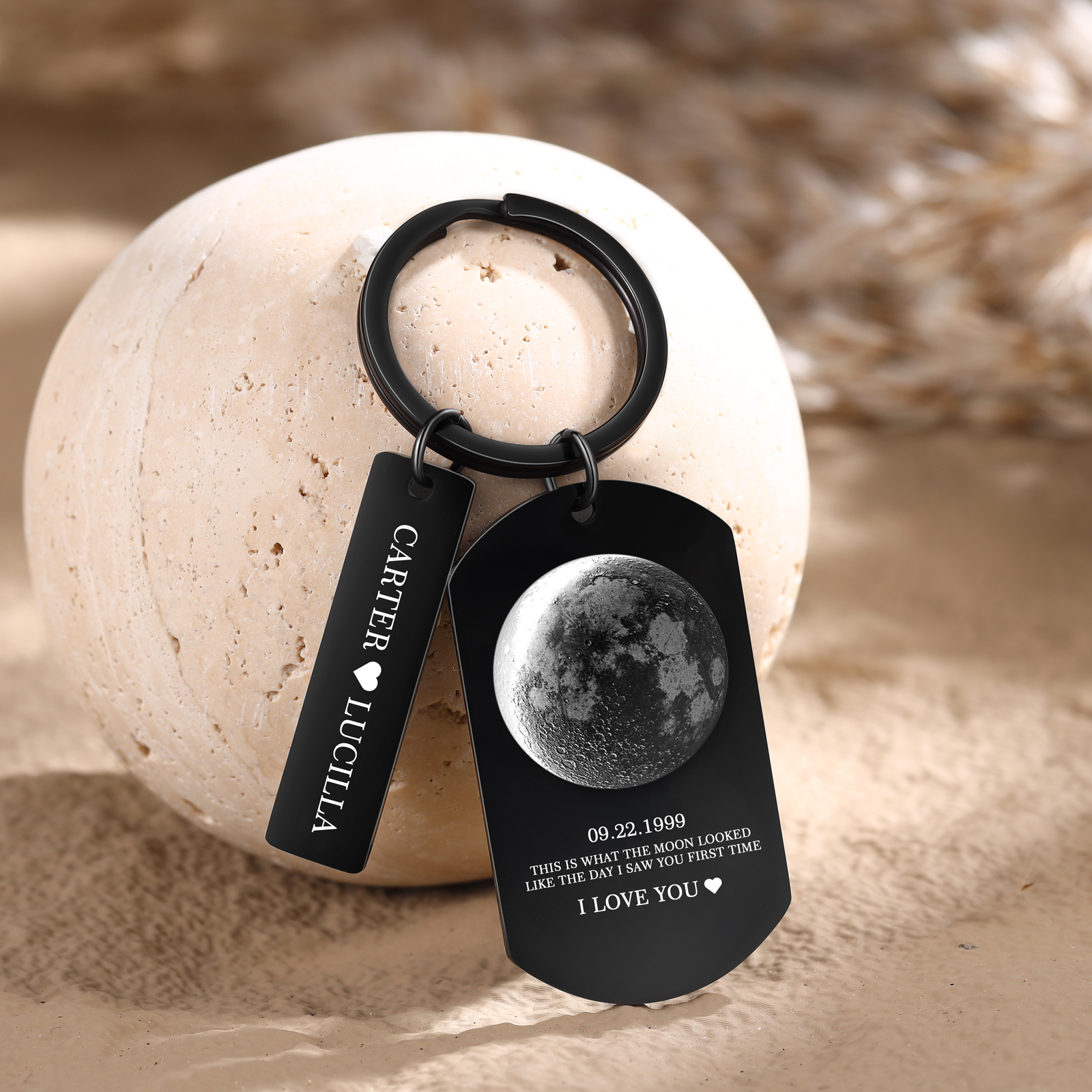Personalized 2 Names and 2 Texts Keyring The Day You Were Born Custom Moon Phase Keychain Gift for Couple