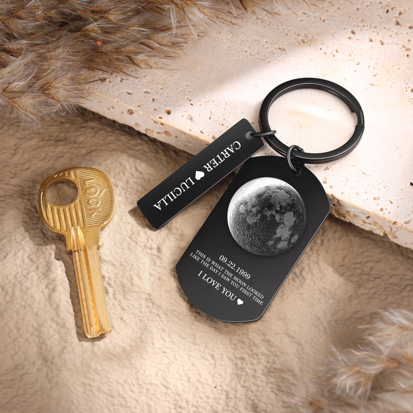 Personalized 2 Names and 2 Texts Keyring The Day You Were Born Custom Moon Phase Keychain Gift for Couple