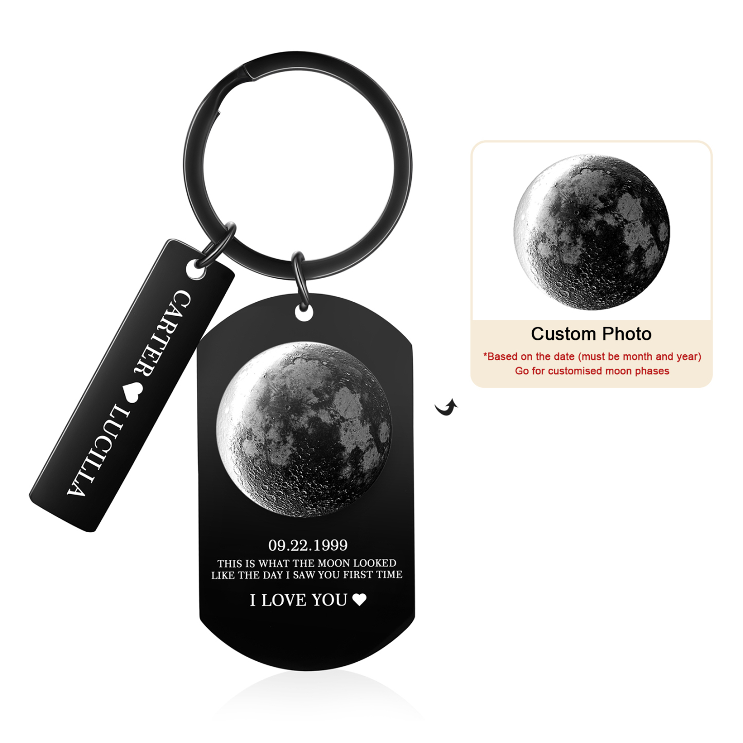 Personalized 2 Names and 2 Texts Keyring The Day You Were Born Custom Moon Phase Keychain Gift for Couple