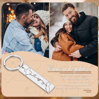 Personalized Keychain Custom Two States Distance Couple Gift