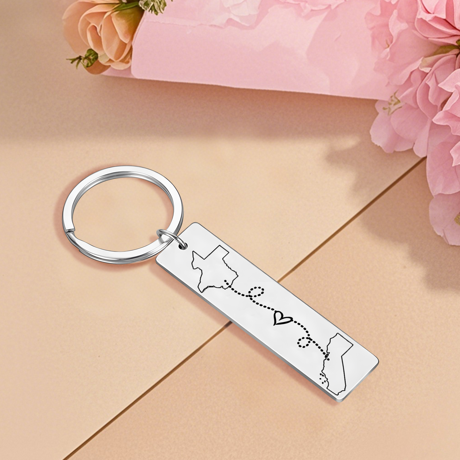 Personalized Keychain Custom Two States Distance Couple Gift