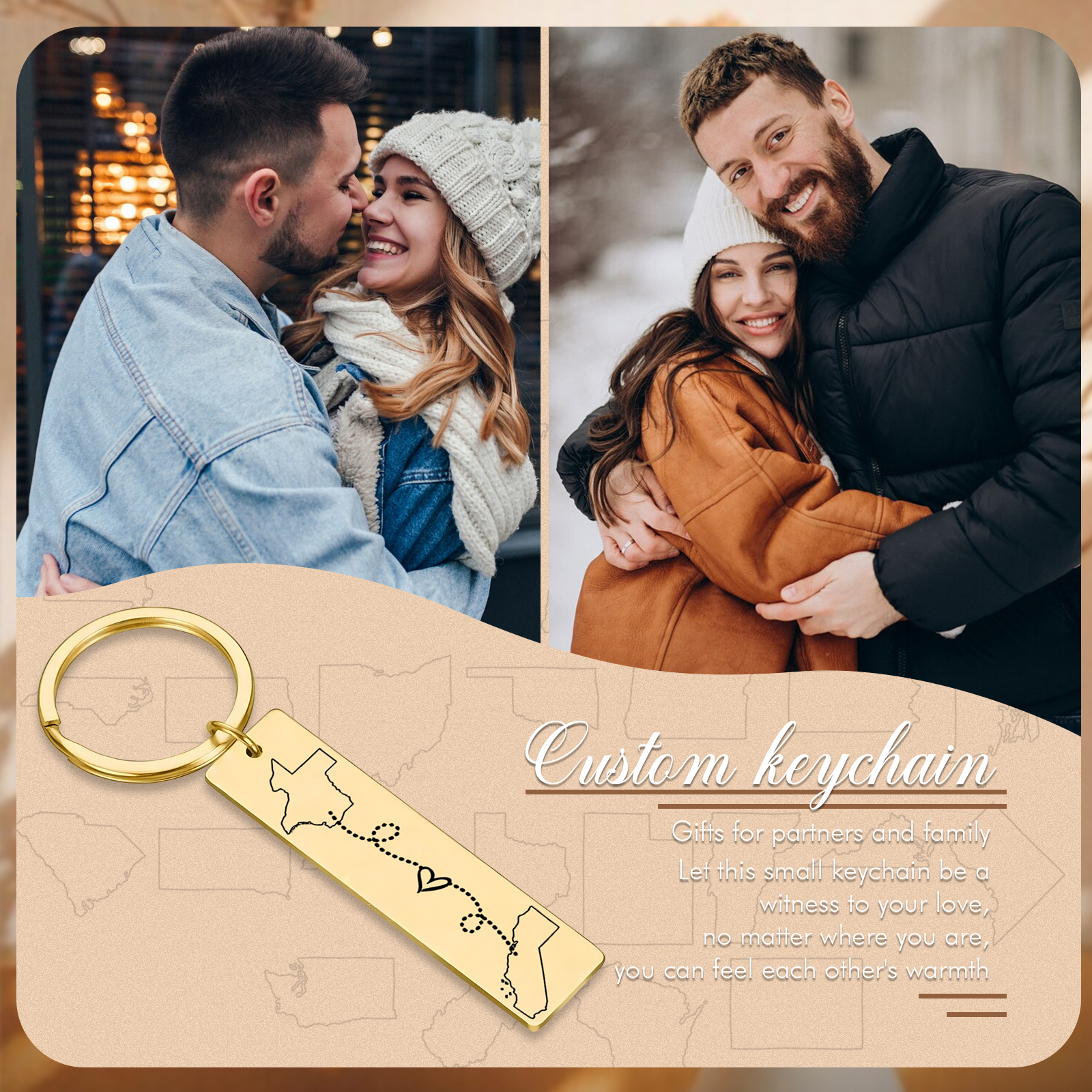 Personalized Keychain Custom Two States Distance Couple Gift