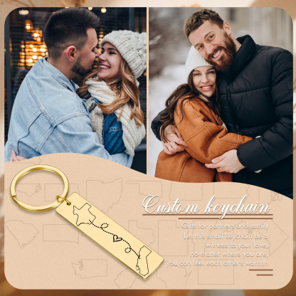 Personalized Keychain Custom Two States Distance Couple Gift