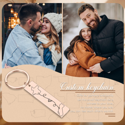 Personalized Keychain Custom Two States Distance Couple Gift