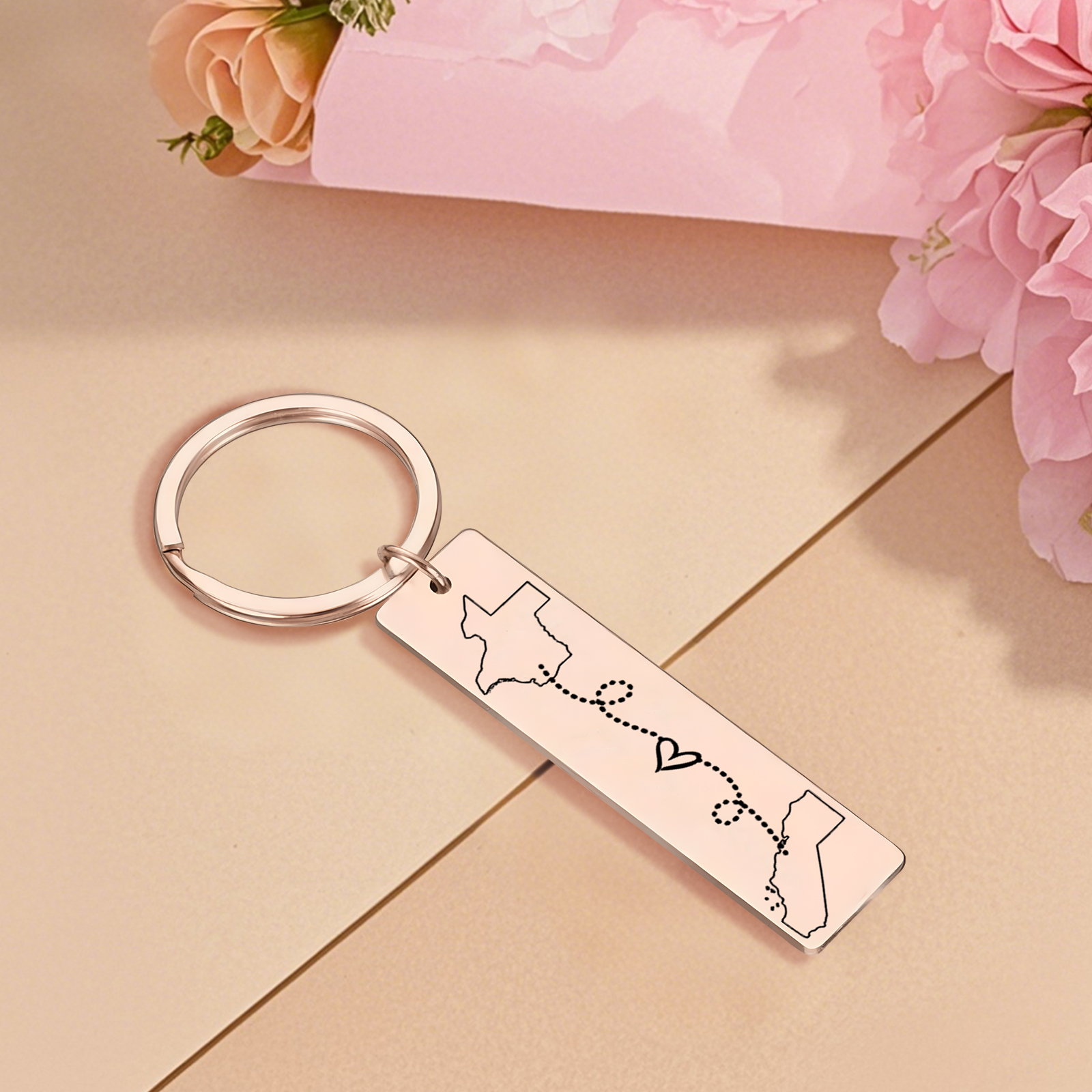 Personalized Keychain Custom Two States Distance Couple Gift
