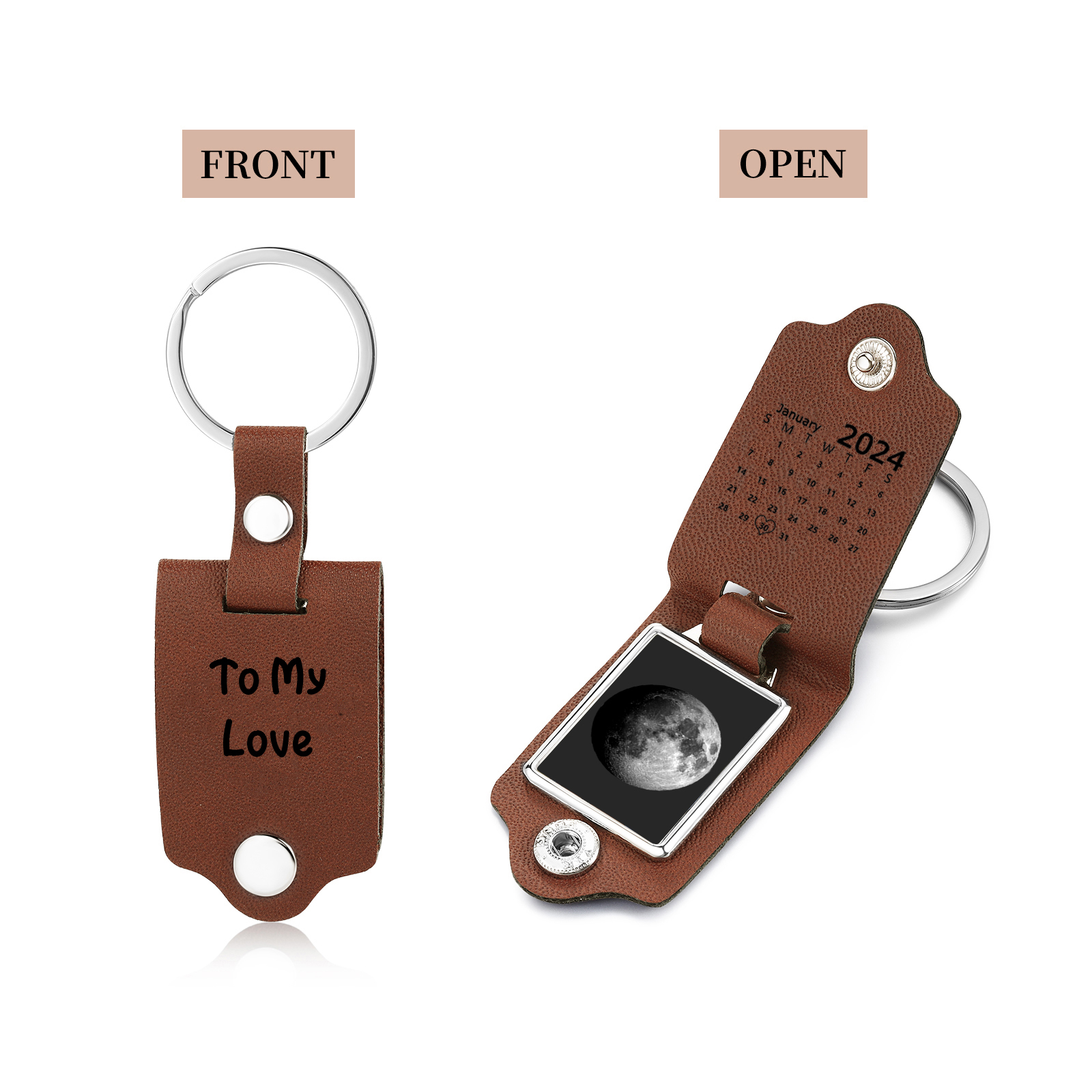 Custom Moon Phase Keychain Personalized Date Leather Keyring Gift for Her or Him
