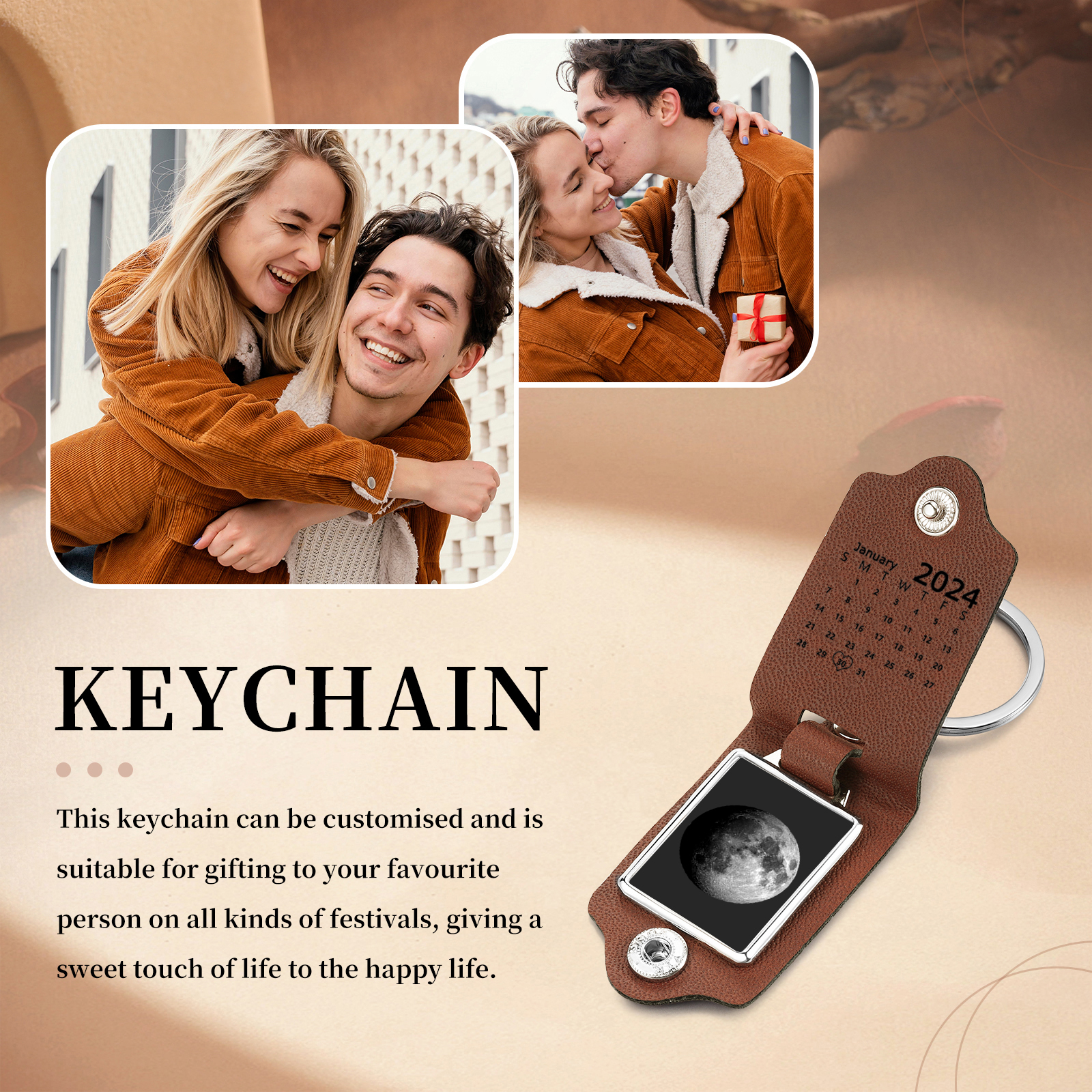 Custom Moon Phase Keychain Personalized Date Leather Keyring Gift for Her or Him