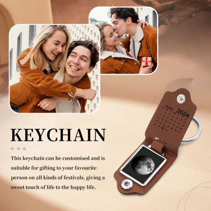 Custom Moon Phase Keychain Personalized Date Leather Keyring Gift for Her or Him
