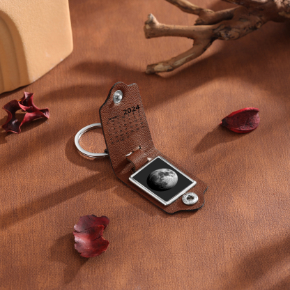 Custom Moon Phase Keychain Personalized Date Leather Keyring Gift for Her or Him