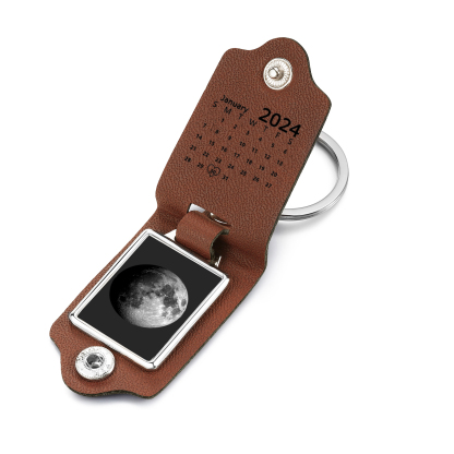 Custom Moon Phase Keychain Personalized Date Leather Keyring Gift for Her or Him