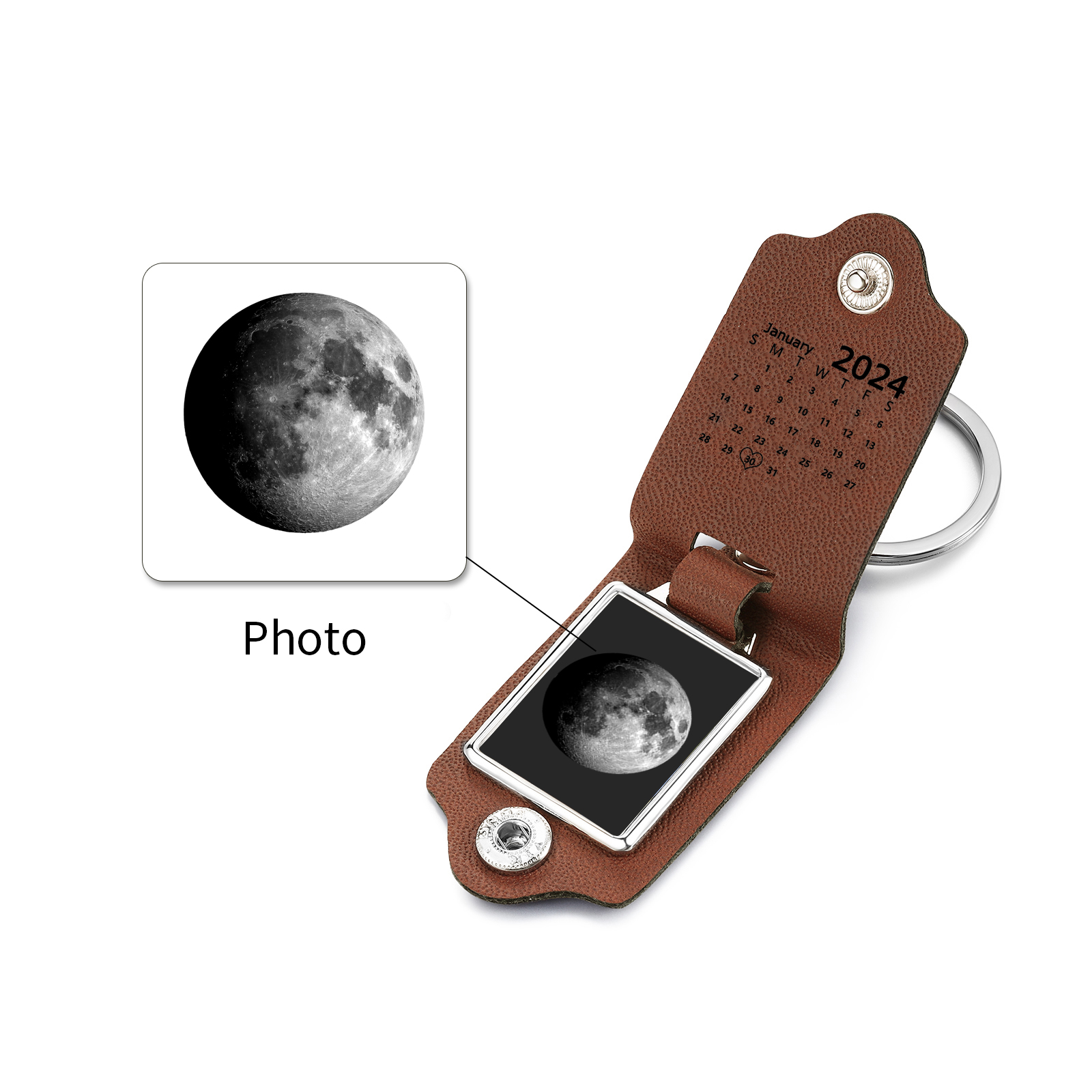 Custom Moon Phase Keychain Personalized Date Leather Keyring Gift for Her or Him