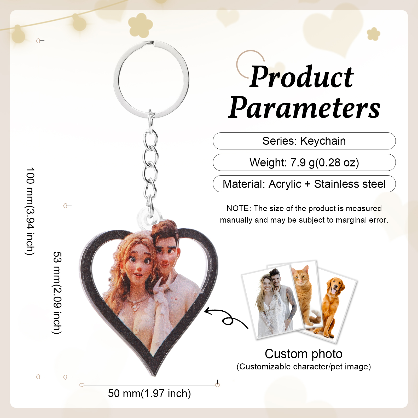 Personalized Cartoon Keychain Heart & Rectangle Styles Valentine’s Day Gift for Him or Her