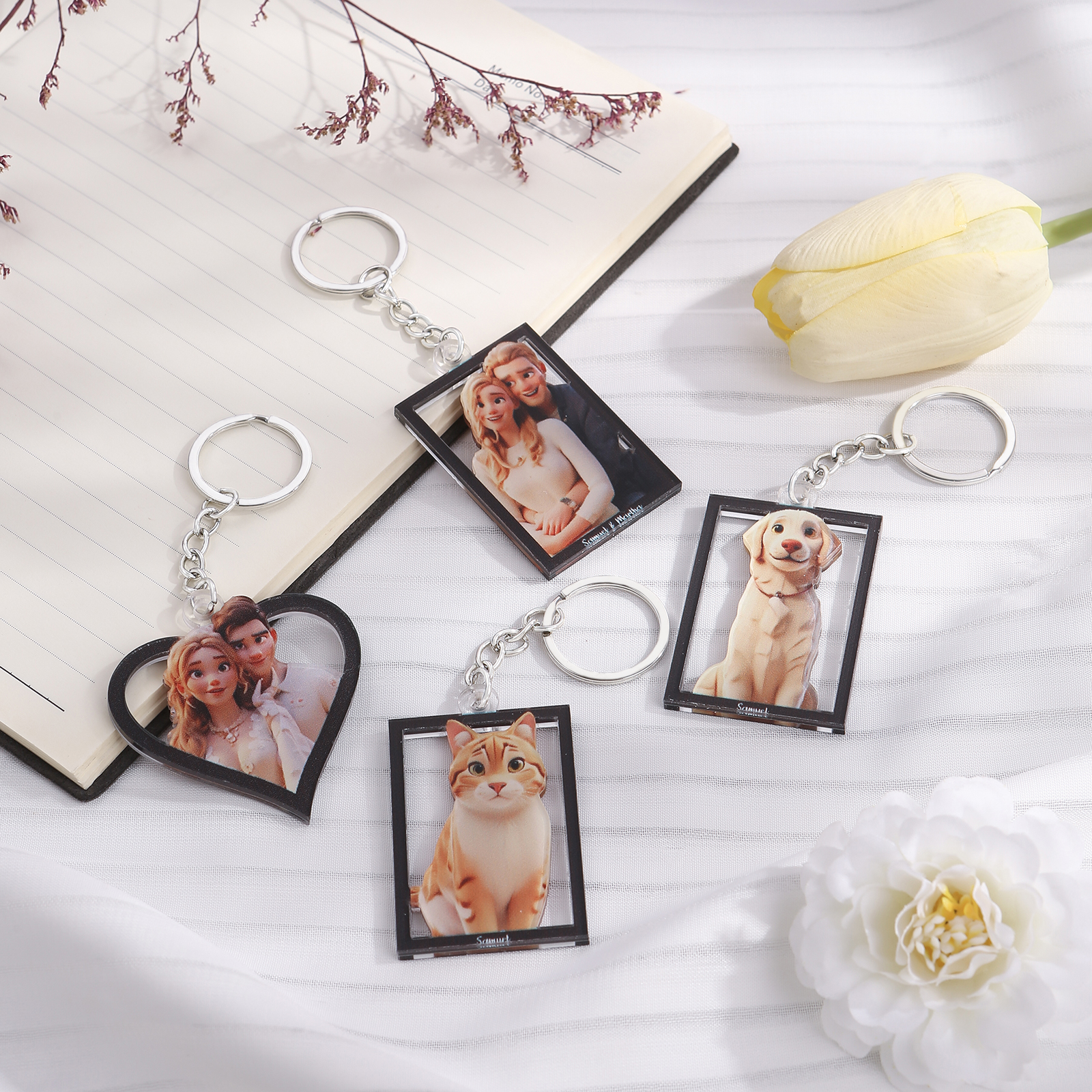 Personalized Cartoon Keychain Heart & Rectangle Styles Valentine’s Day Gift for Him or Her