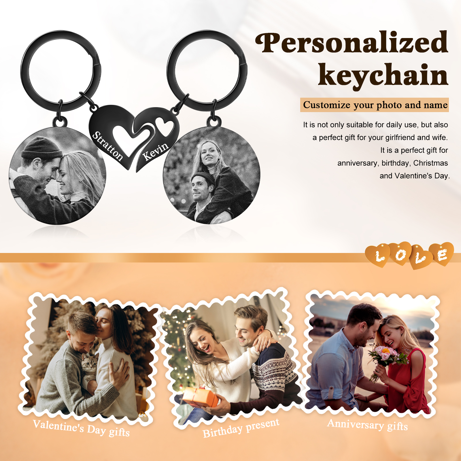 Personalized Keychain Heart Puzzle with Customized Engraved Photos and Names Gift for Couple