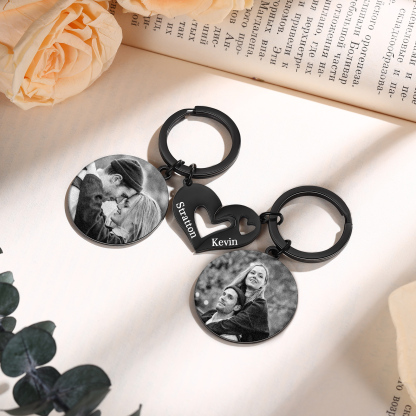 Personalized Keychain Heart Puzzle with Customized Engraved Photos and Names Gift for Couple