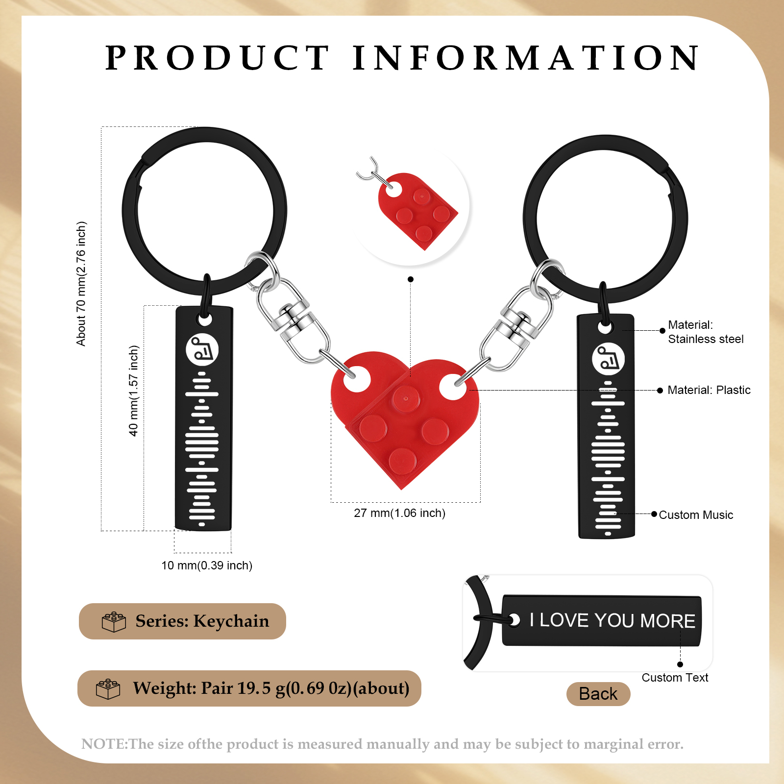 Personalized Spotify Heart Keychain Set – Custom Brick Heart Matching Keepsake for Couples | Lorajewel