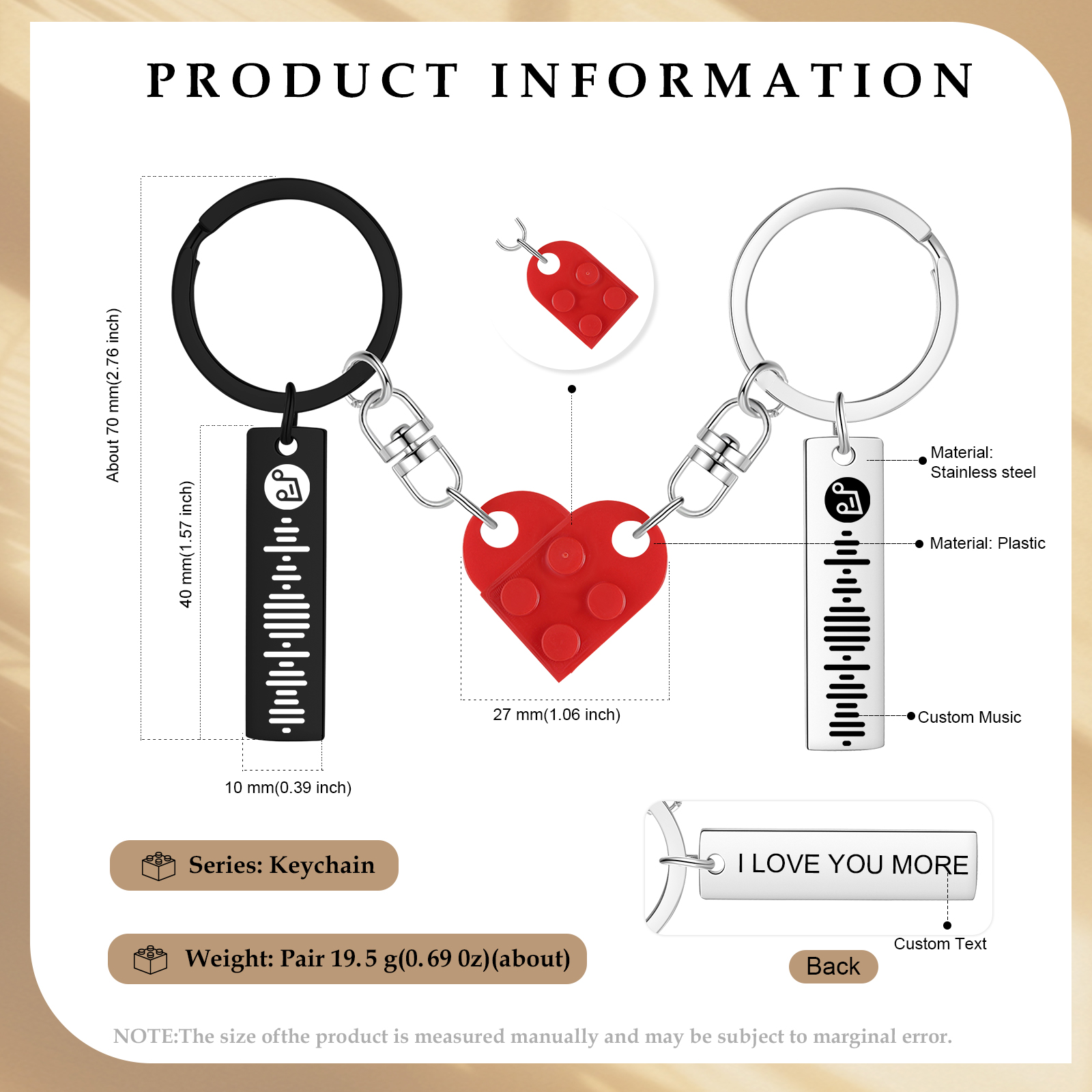 Personalized Spotify Heart Keychain Set – Custom Brick Heart Matching Keepsake for Couples | Lorajewel