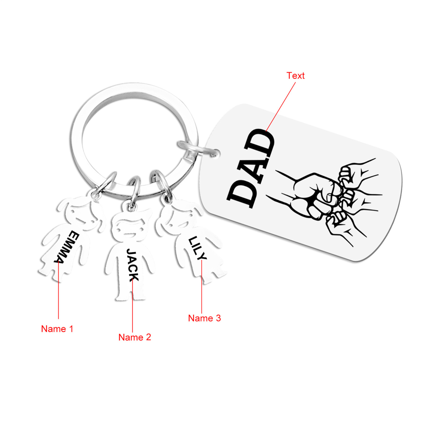 Personalised Keyring , Custom 3 Names & Engraved Text Gift for Dad | Jessemade