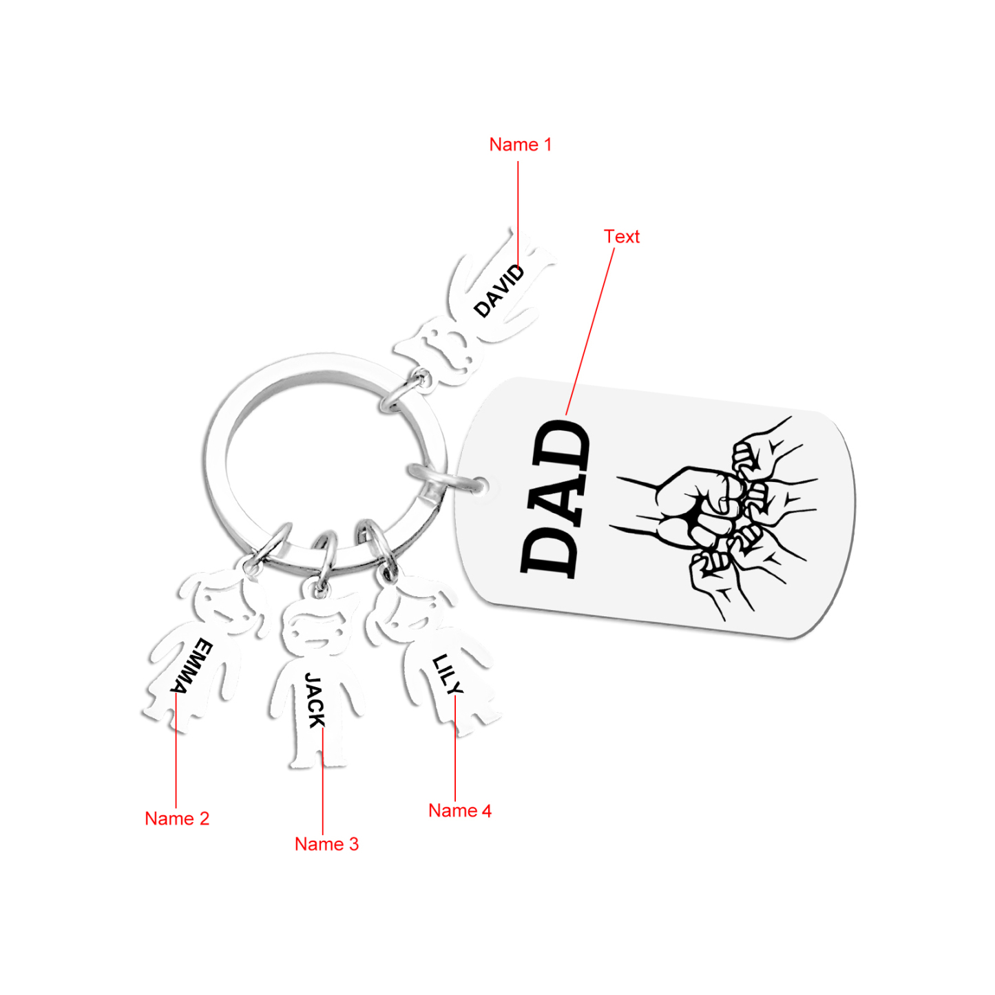 Personalised Keyring , Custom 4 Names & Engraved Text Gift for Dad | Jessemade