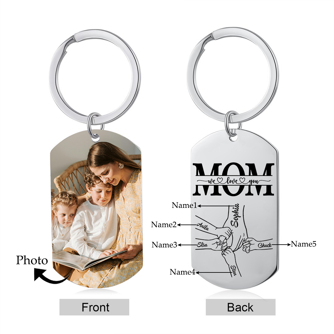 Personalized Keychain Engrave 5 Names & 1 Photo - Gift for Mother's Day | Lorajewel