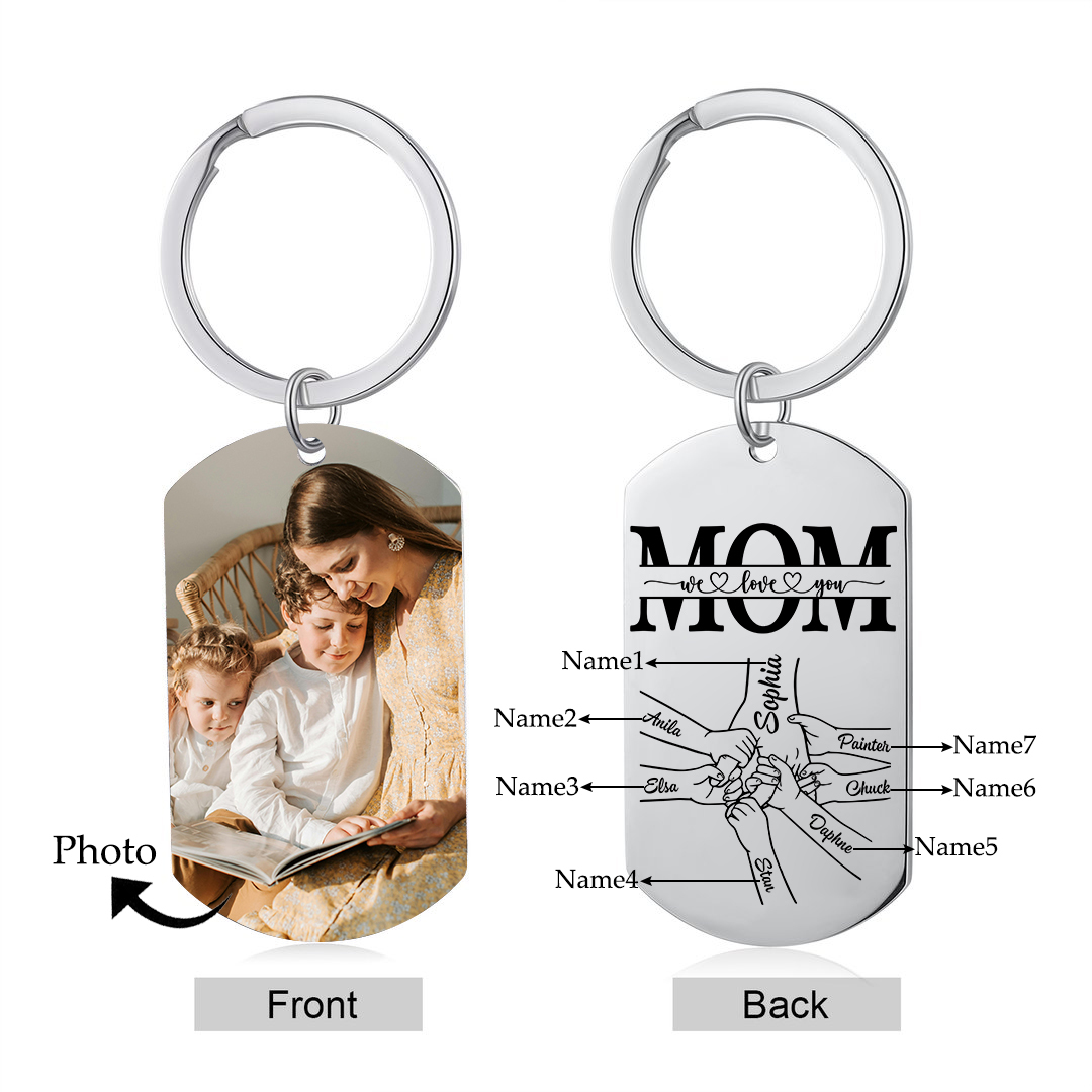 Personalized Keychain Engrave 7 Names & 1 Photo - Gift for Mother's Day | Lorajewel