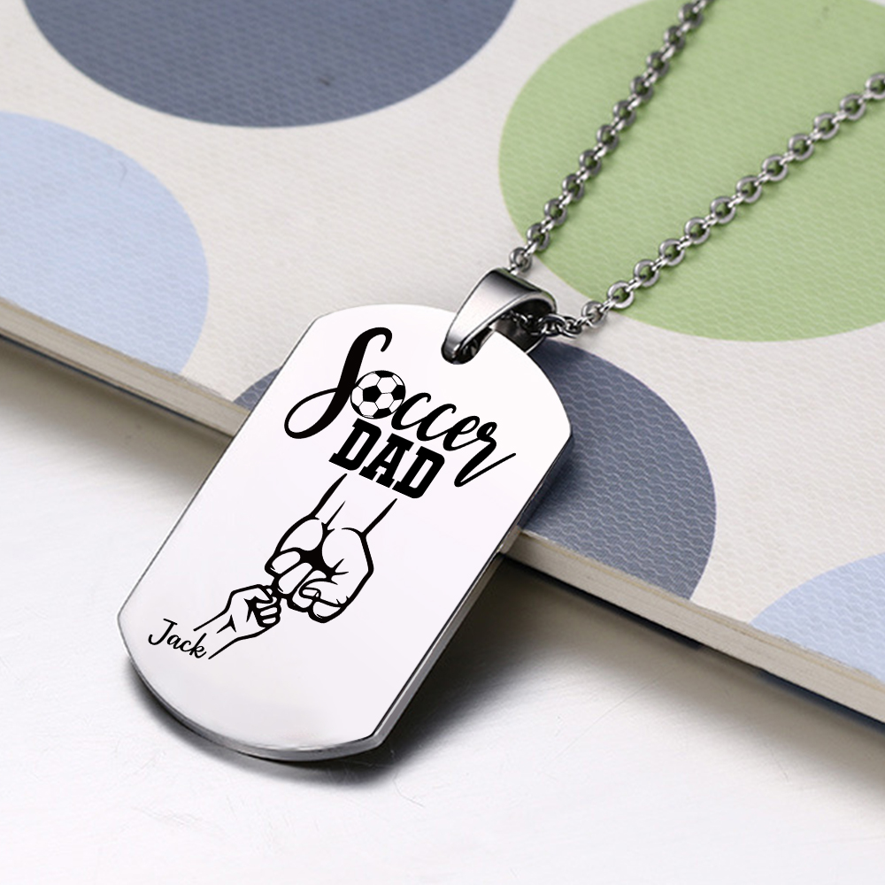 Engraved ‘Soccer Dad’ Necklace – Custom Dog Tag with 1 Photo & 1 Name– Personalized Father’s Day Present for Him | Lorajewel
