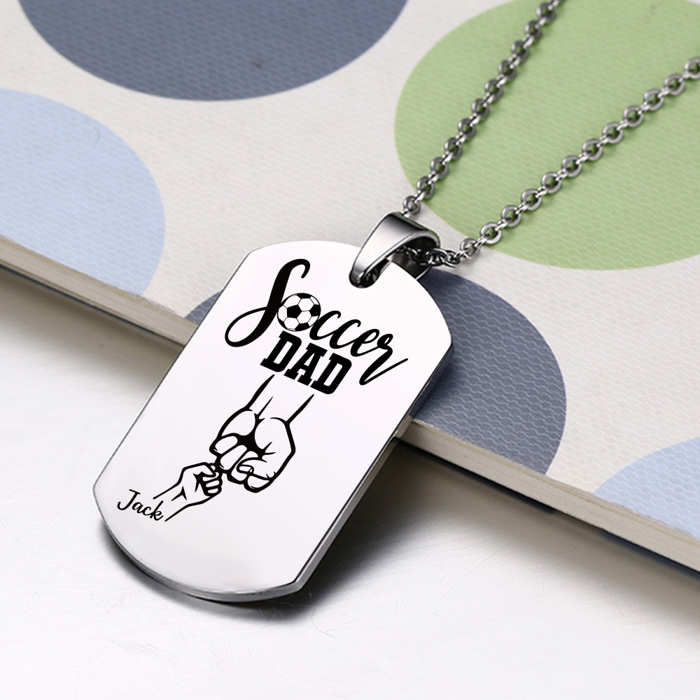 Engraved ‘Soccer Dad’ Necklace – Custom Dog Tag with 1 Photo & 1 Name– Personalized Father’s Day Present for Him | Lorajewel