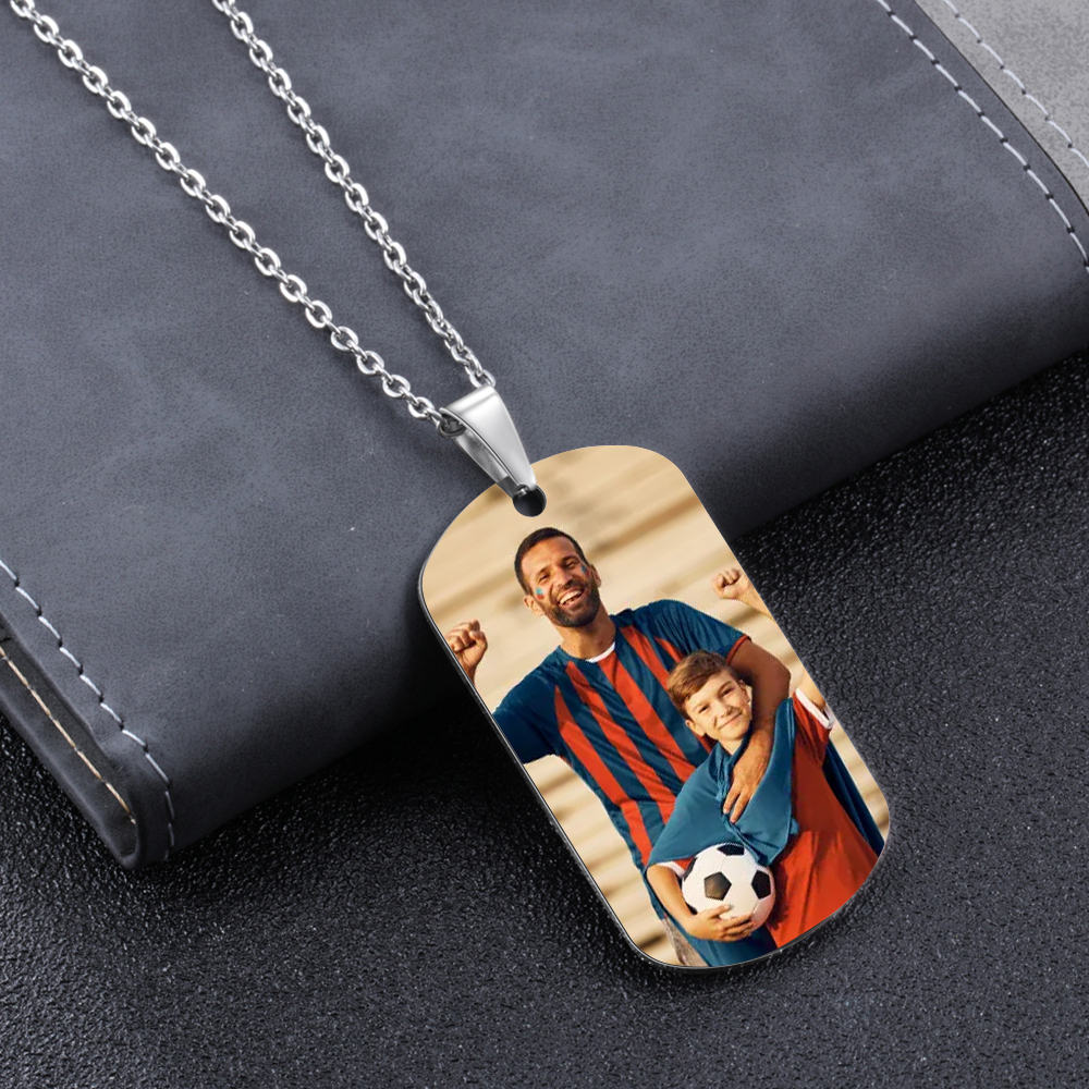 Engraved ‘Soccer Dad’ Necklace – Custom Dog Tag with 1 Photo & 1 Name– Personalized Father’s Day Present for Him | Lorajewel