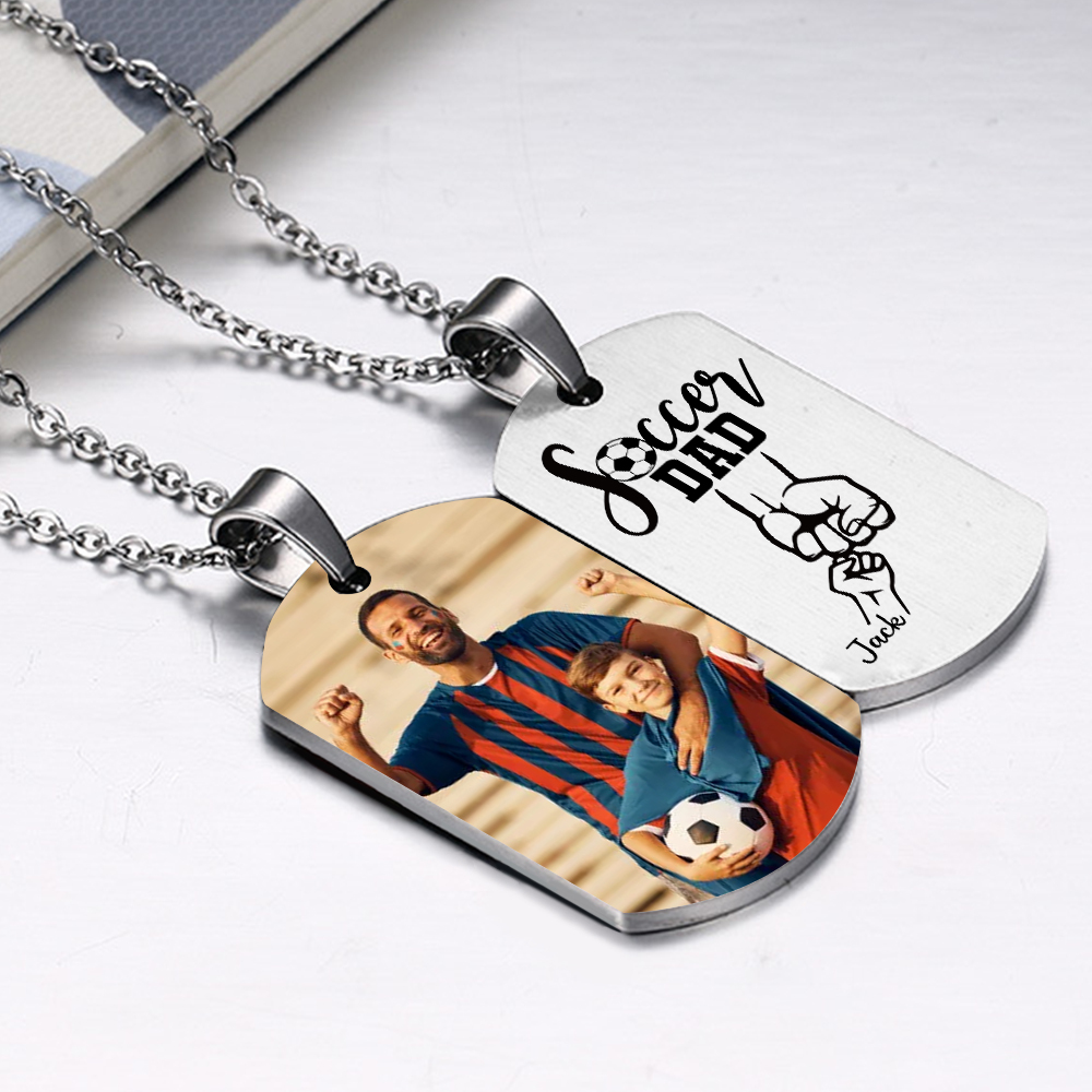 Engraved ‘Soccer Dad’ Necklace – Custom Dog Tag with 1 Photo & 1 Name– Personalized Father’s Day Present for Him | Lorajewel